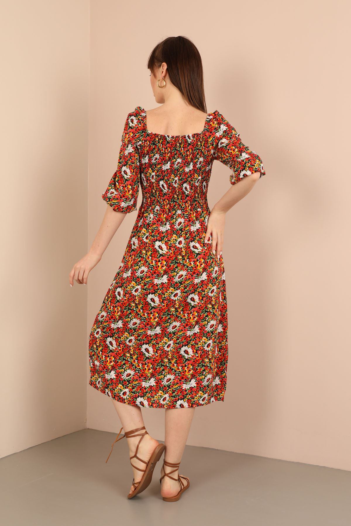 Viscose Fabric Square Neckline Midi Floral Print Women Dress - Red
