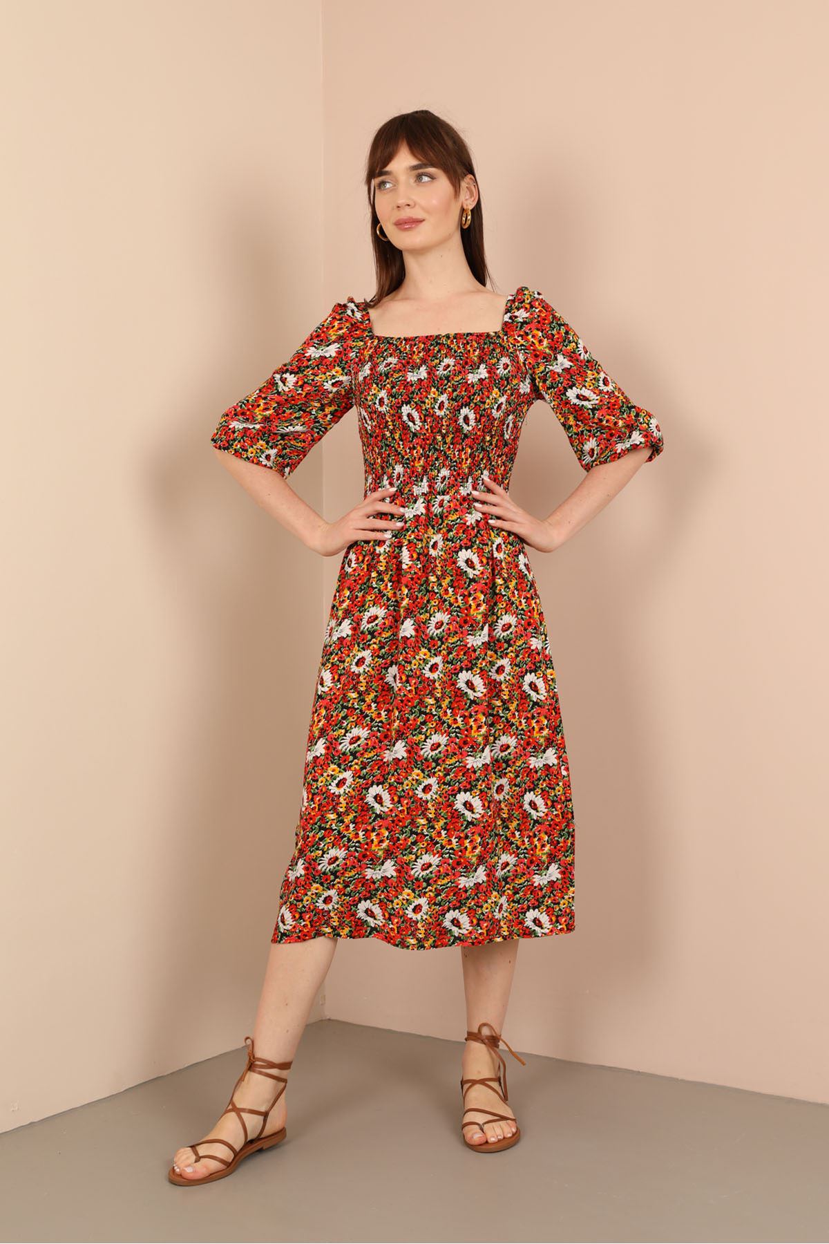 Viscose Fabric Square Neckline Midi Floral Print Women Dress - Red