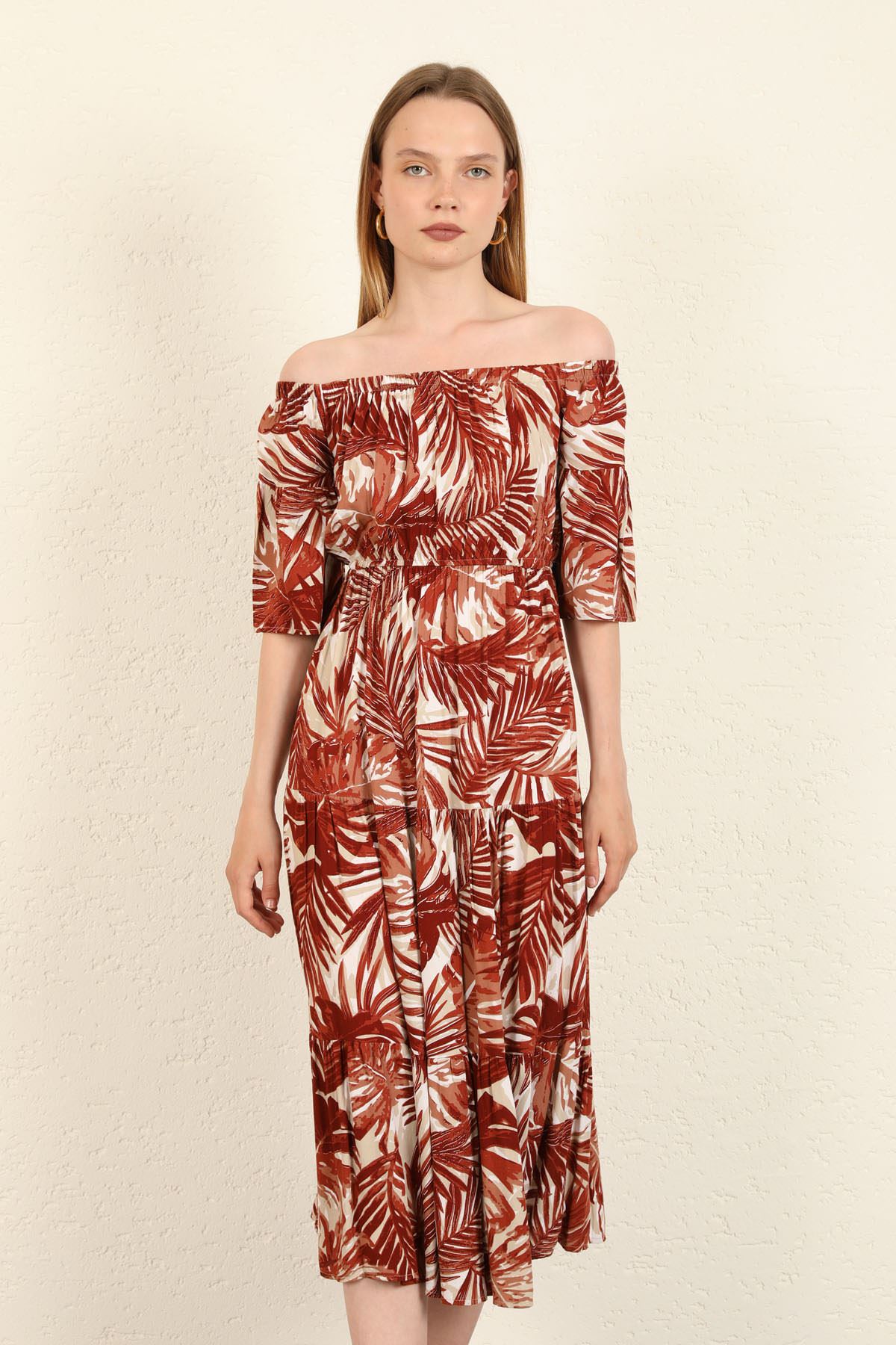Viscose Fabric Boat Neck Midi Palm Print Women Dress - Brick 