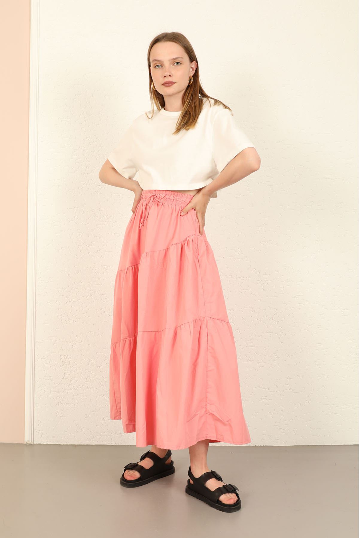 Soft Woven Fabric Long Wide Fit Elastik Waist Women'S Skirt - Light Pink