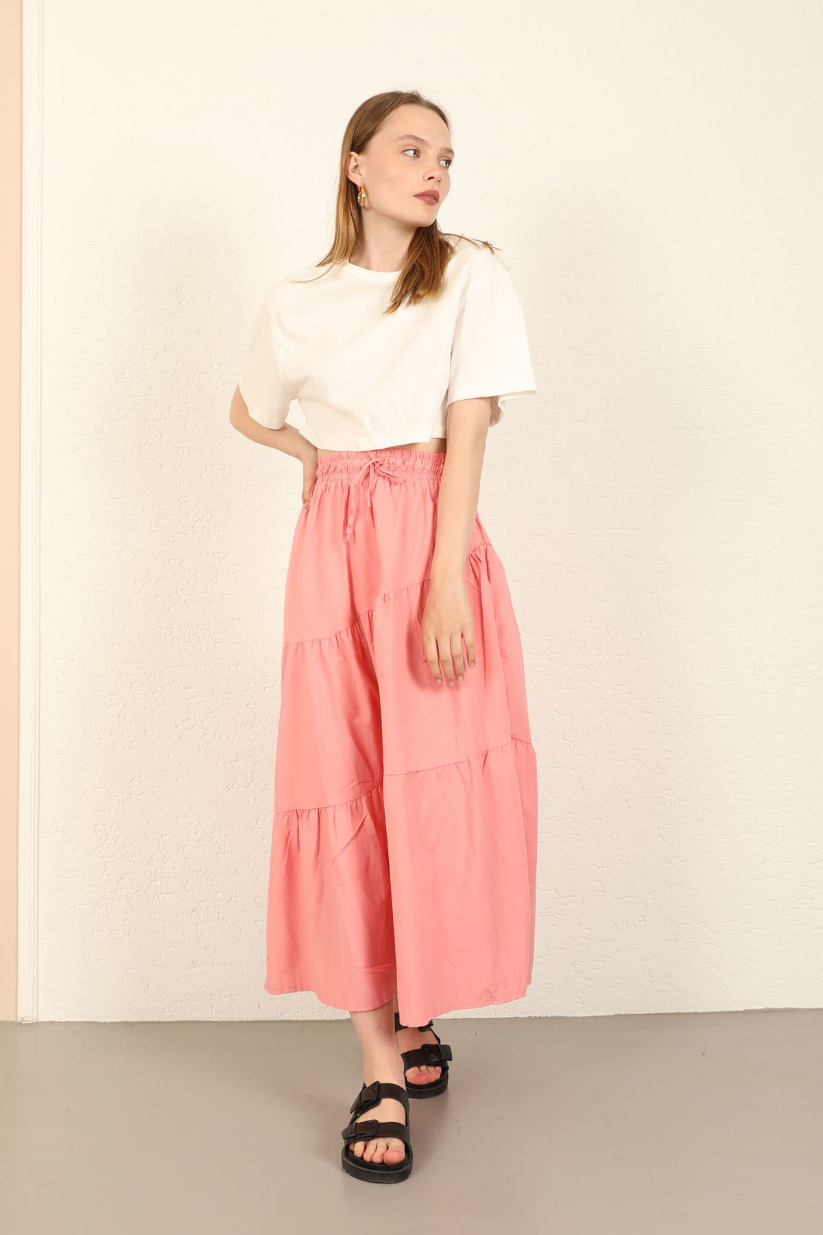 Мягкая ткань длинный широкий юбка с резином - Светло розовый