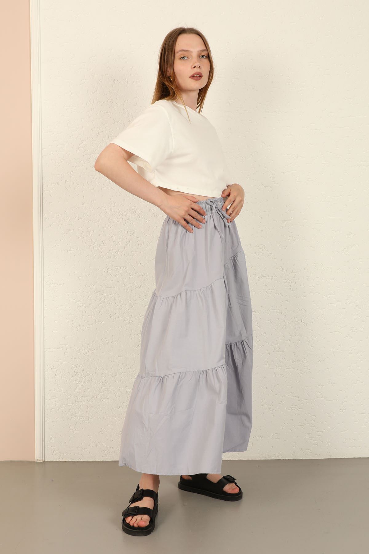 Мягкая ткань длинный широкий юбка с резином - Серый