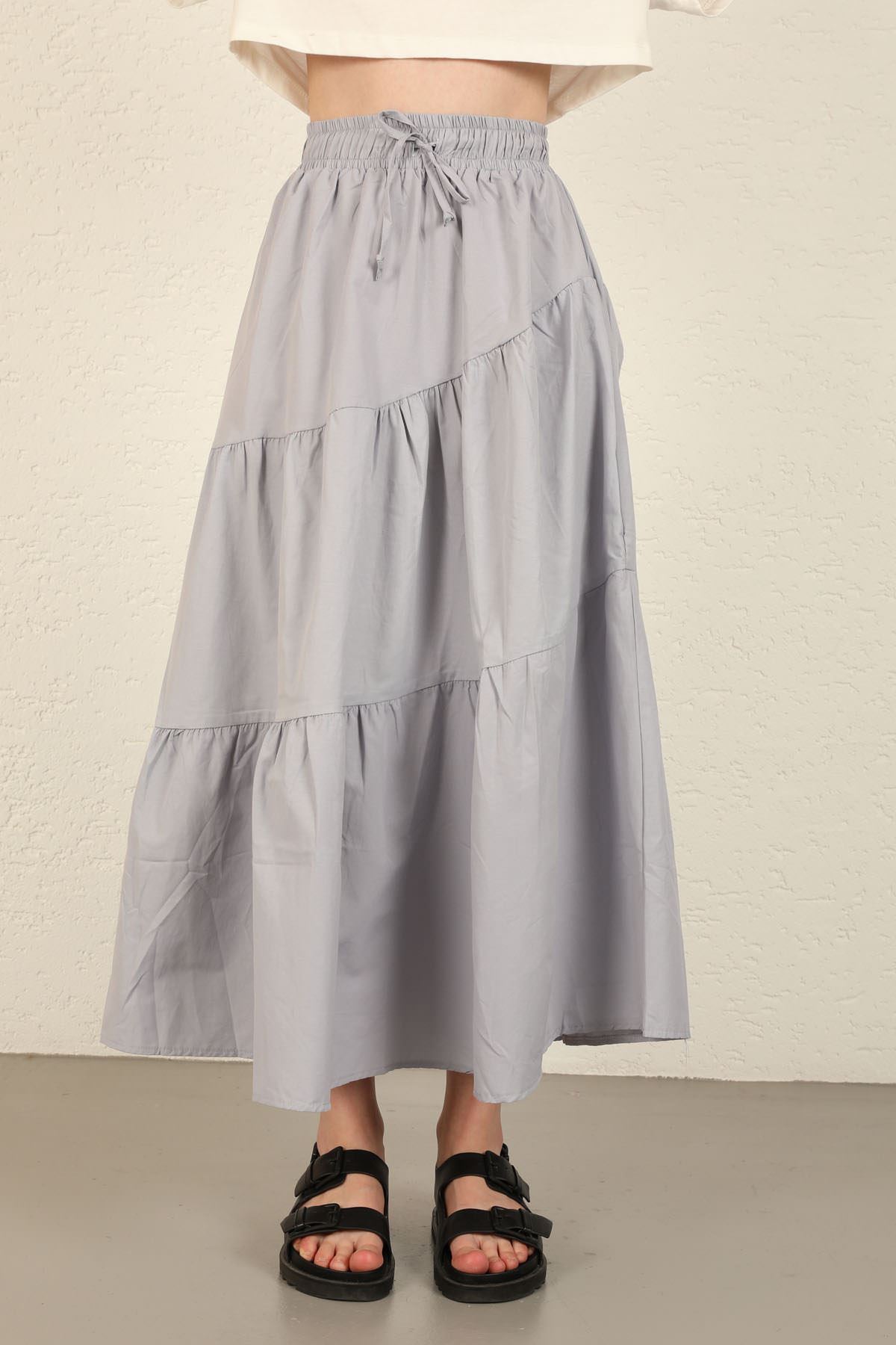 Мягкая ткань длинный широкий юбка с резином - Серый