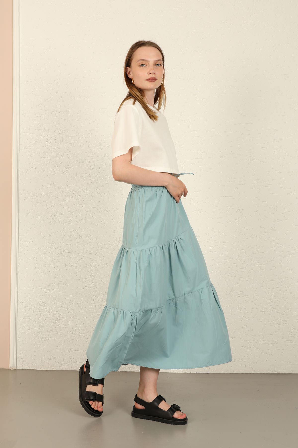 Soft Woven Fabric Long Wide Fit Elastik Waist Women'S Skirt - Mint
