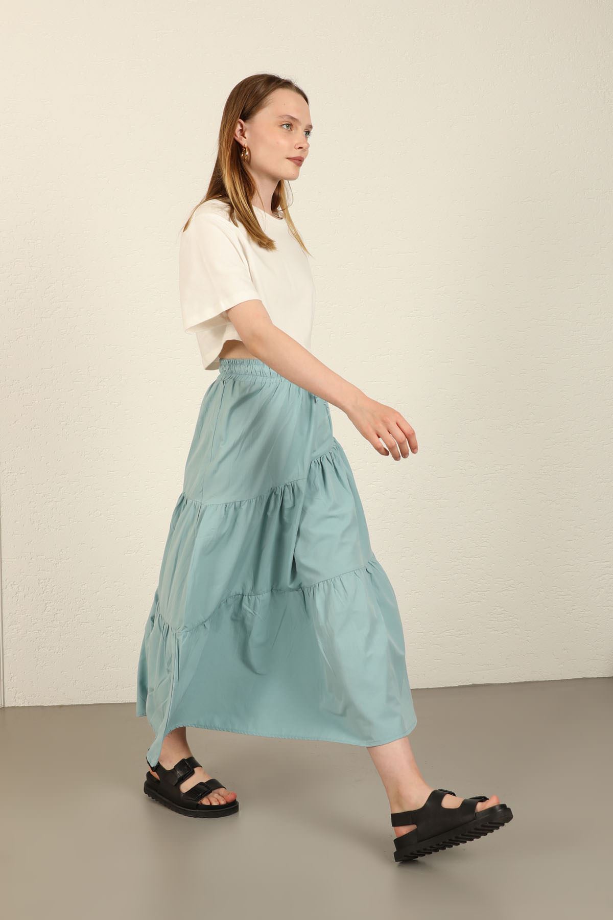 Soft Woven Fabric Long Wide Fit Elastik Waist Women'S Skirt - Mint