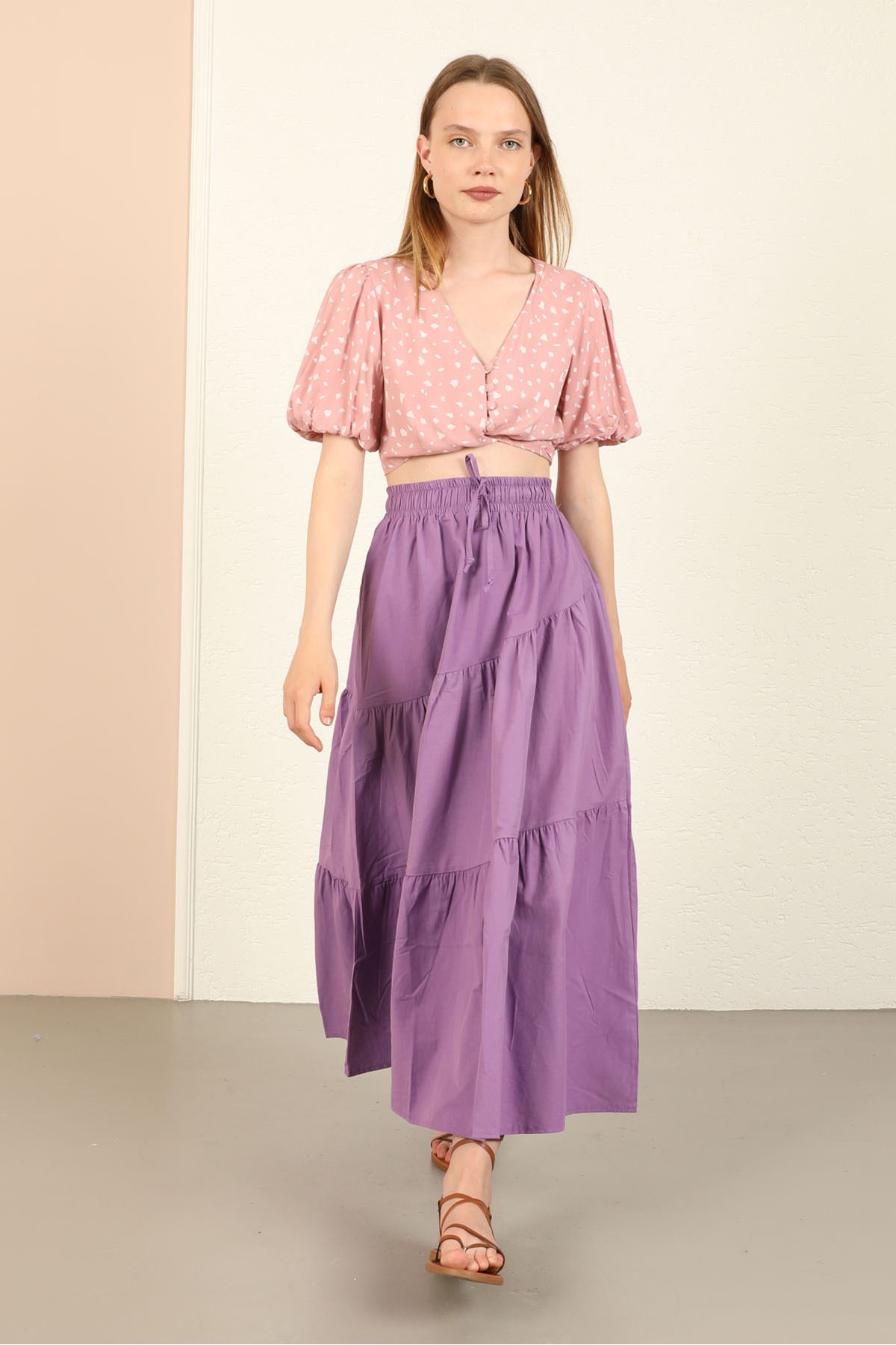 Soft Woven Fabric Long Wide Fit Elastik Waist Women'S Skirt - Purple