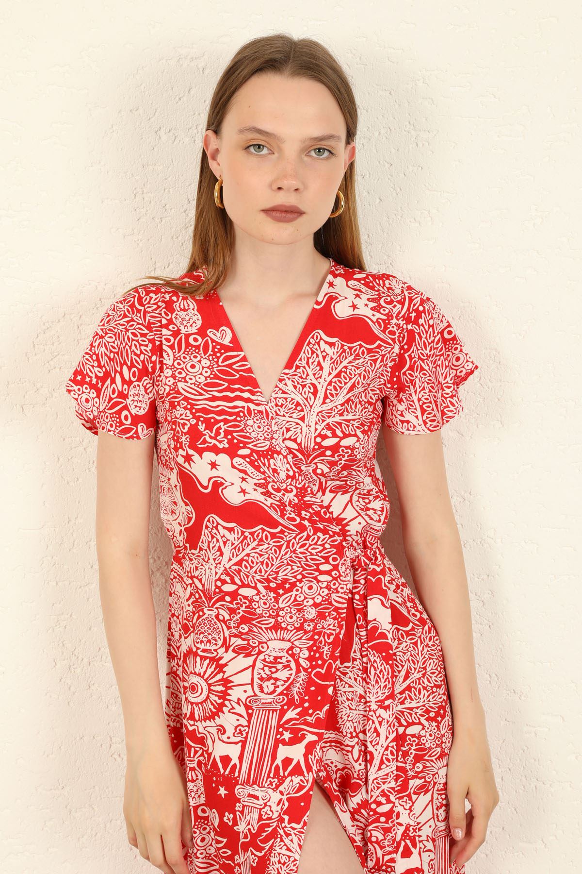 Viscon Fabric Surplice Neck Mixed Pattern Long Women Dress-Red