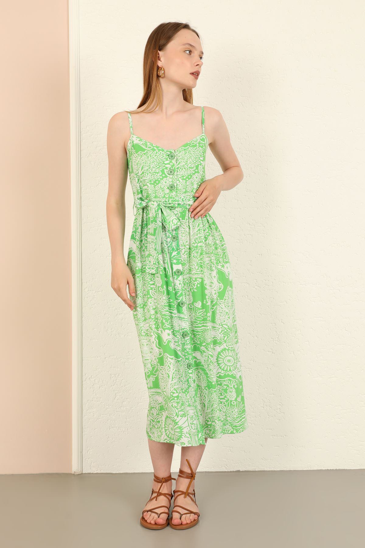 Viskon Empirme Düğme Detay Askılı Kadın Elbise-Yeşil