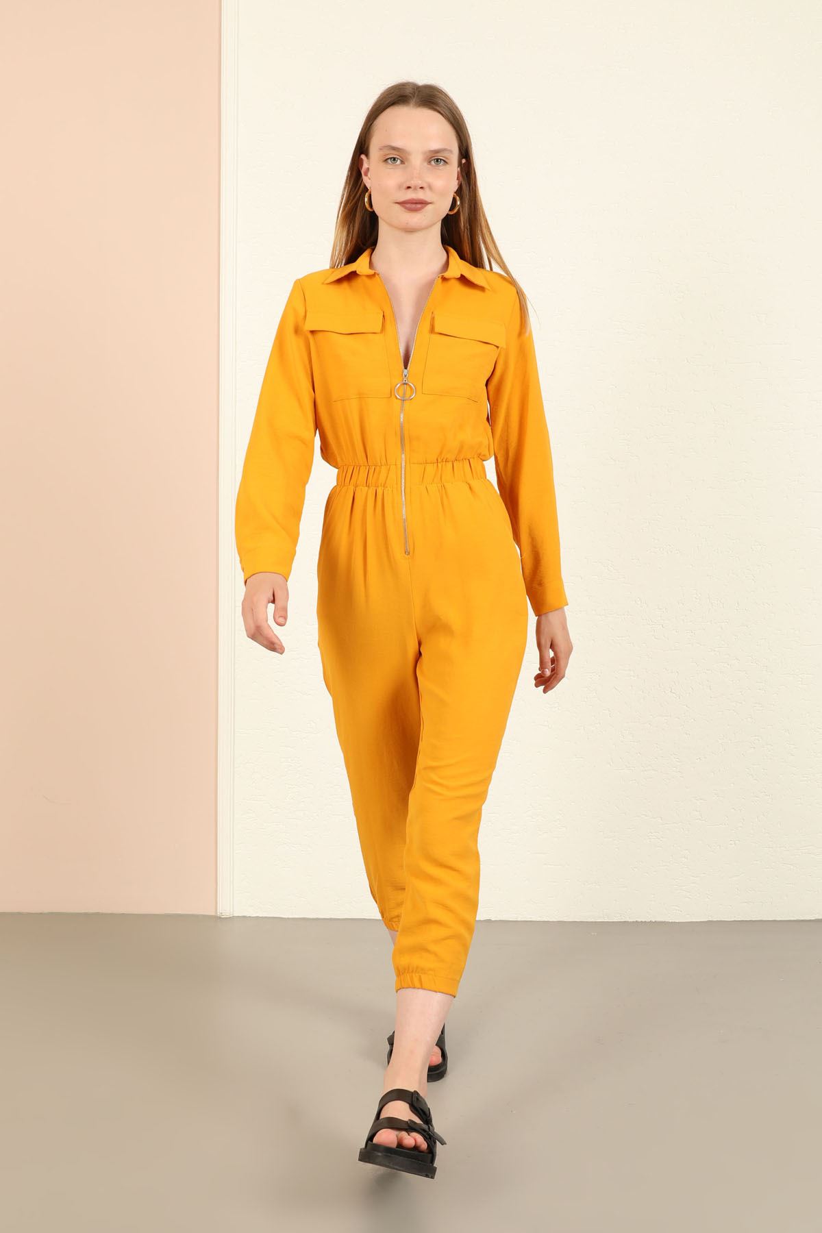 Aerobin Fabric Shirt Collar Ankle Length Women Overalls With Zip - Mustard