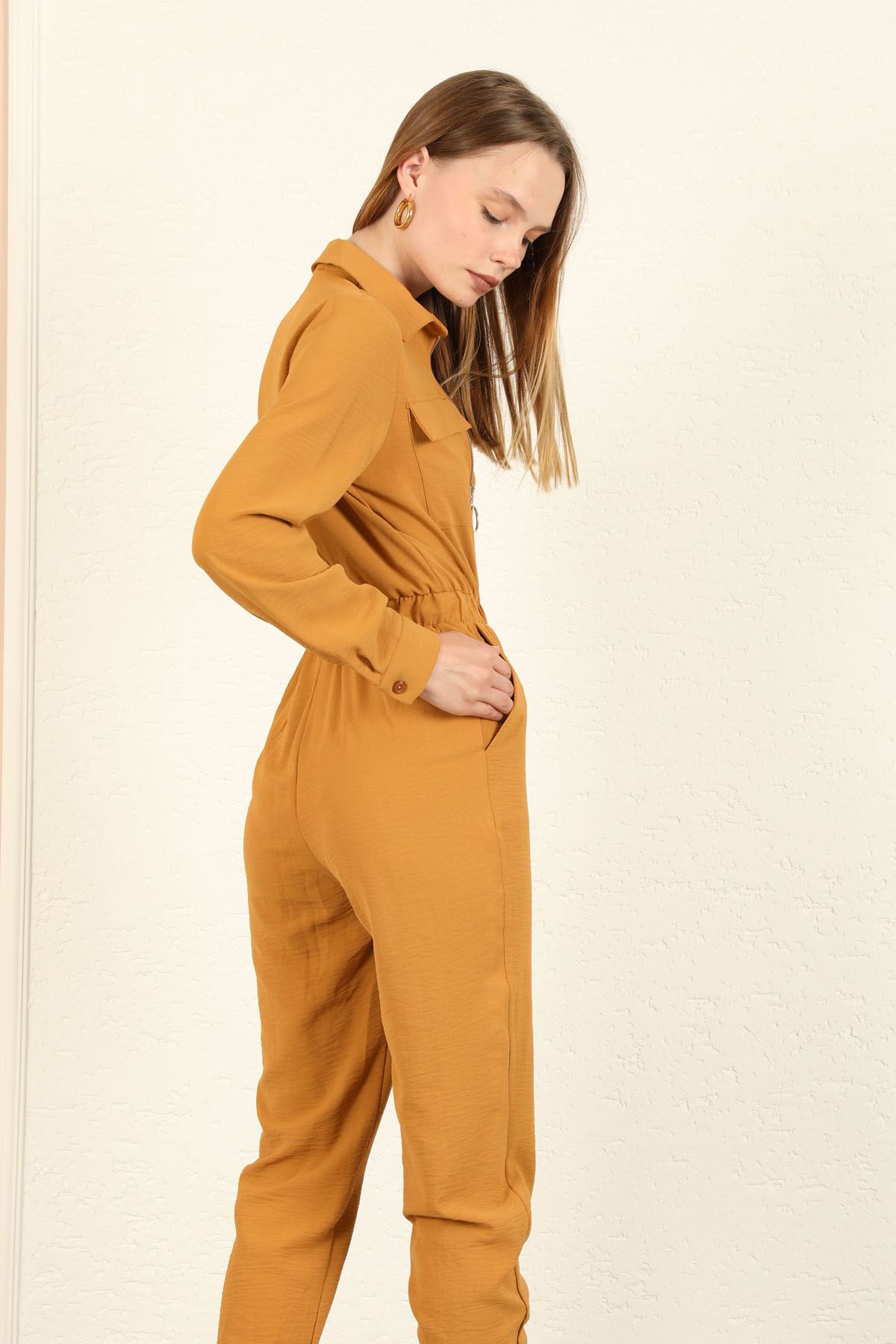 Aerobin Fabric Shirt Collar Ankle Length Women Overalls With Zip - Light Brown