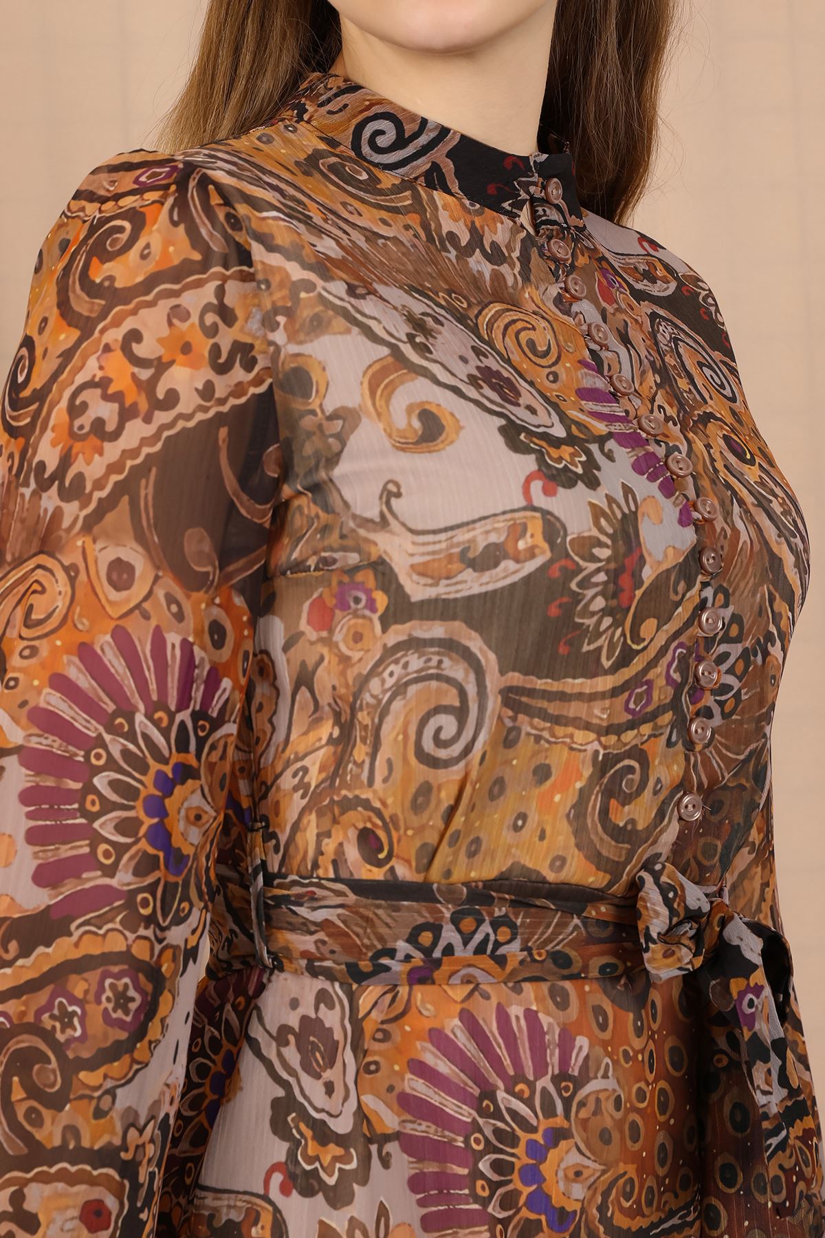 Yoryo Şifon Kumaş Etnik Desen Kadın Elbise-Hardal