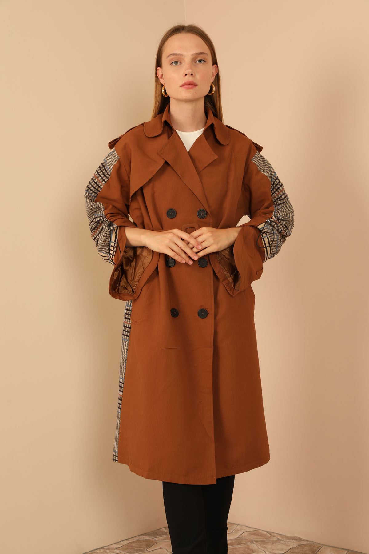 Trenchcoat Fabric Shirt Collar Below Knee Comfy Striped Women Trench Coat - Light Brown