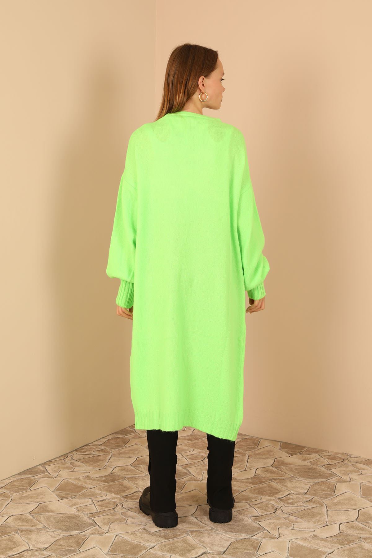 Triko Kumaş Şal Yaka Uzun Kadın Hırka-Neon Yeşil