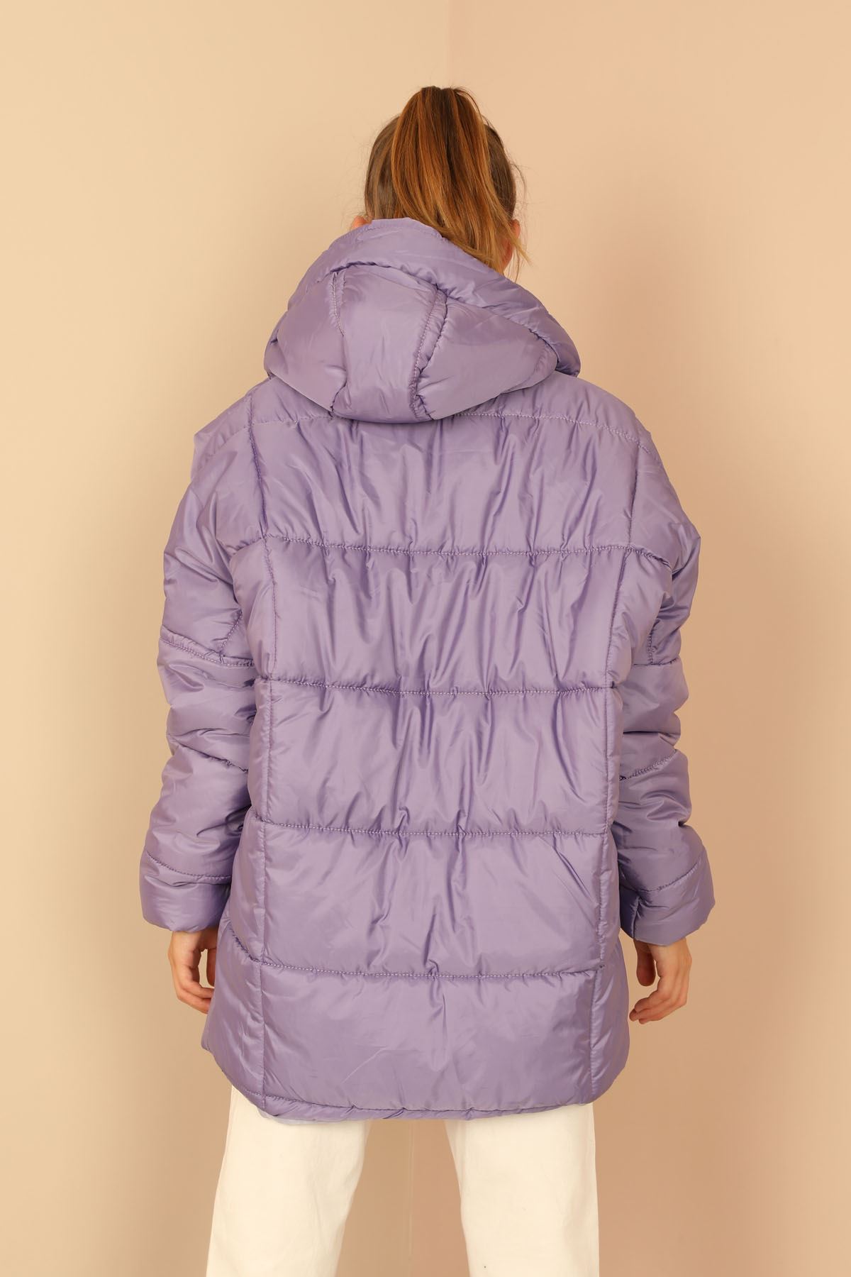 Quilted Fabric Long Sleeve Zip Neck Short Oversize Women Coat - Lilac