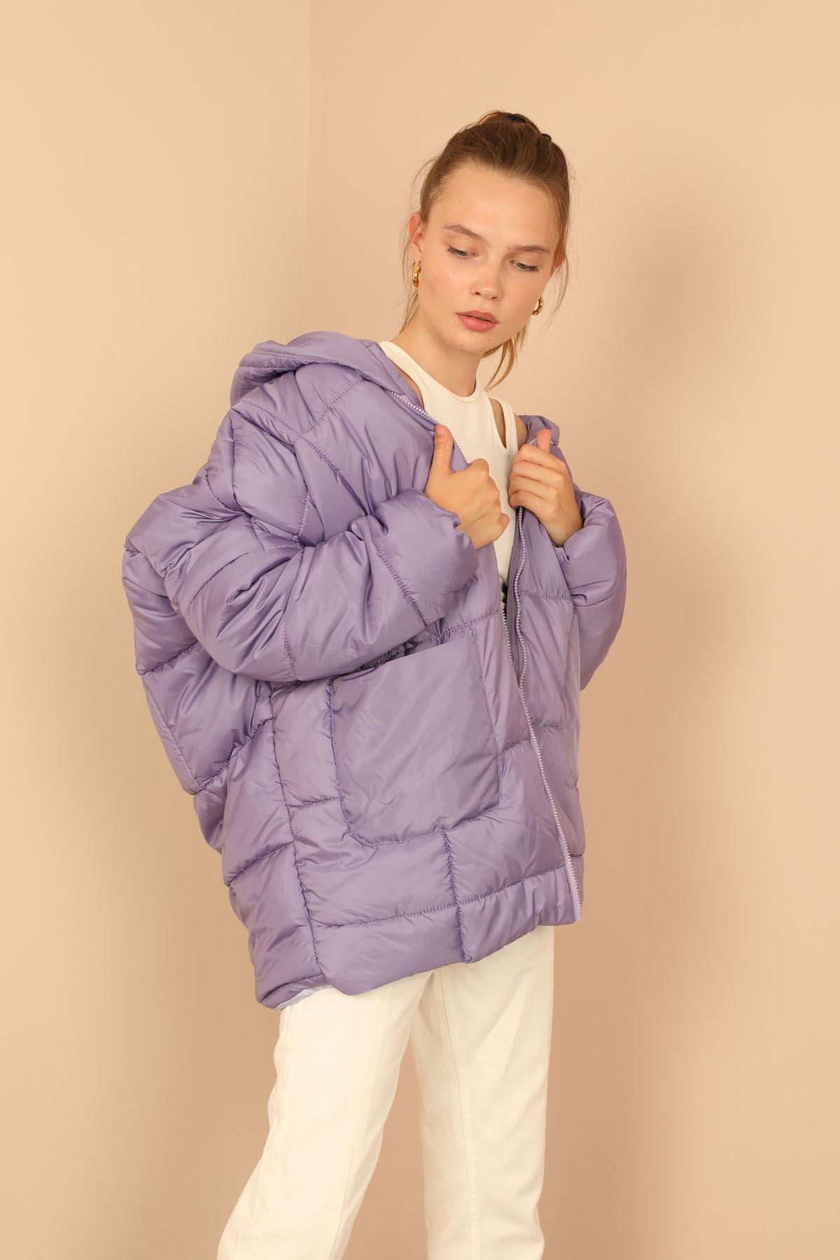 Quilted Fabric Long Sleeve Zip Neck Short Oversize Women Coat - Lilac