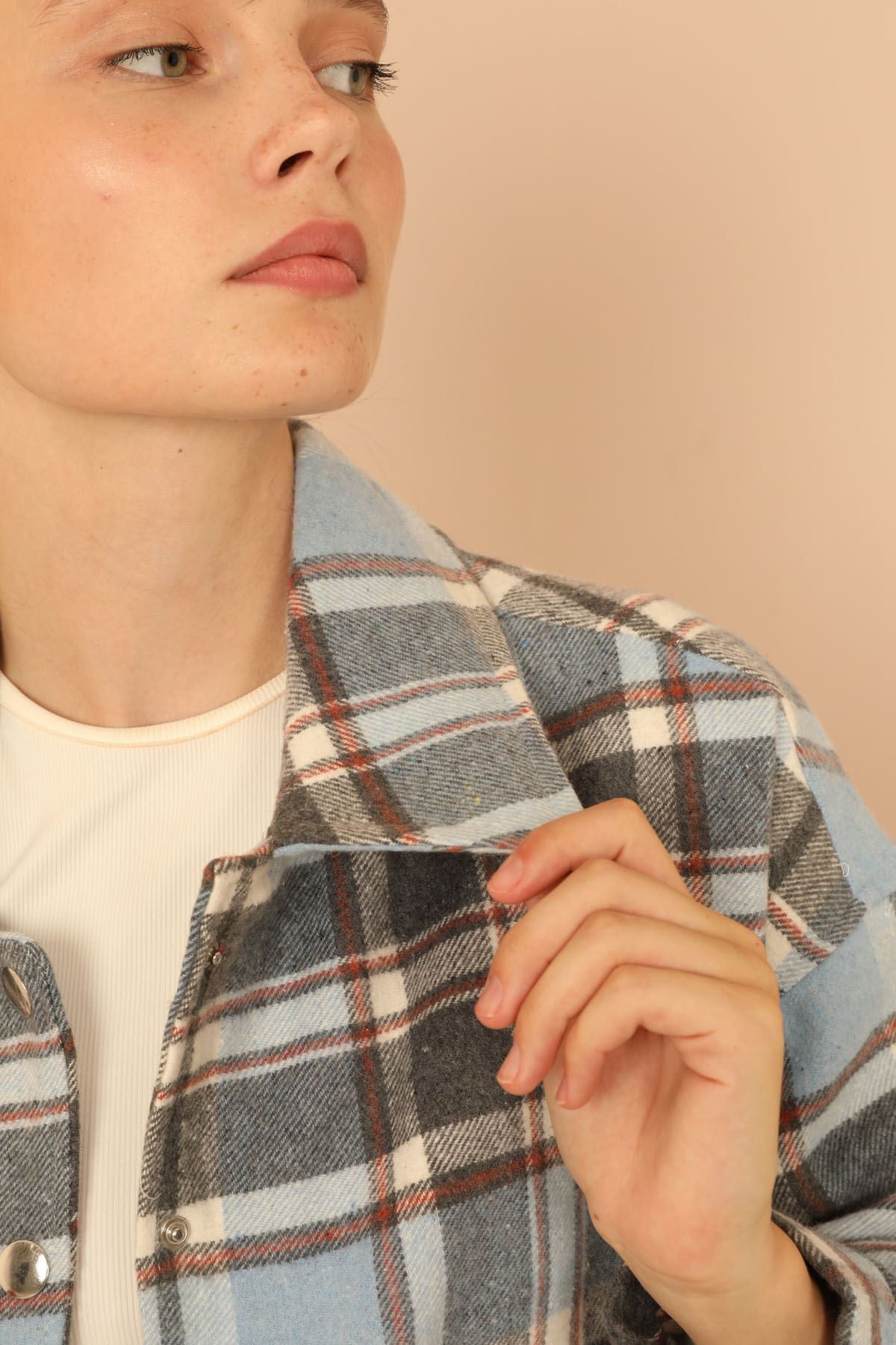 Oduncu Kumaş Uzun Kol Gömlek Yaka Oversize/Salaş Ekose Kadın Ceket-Gri