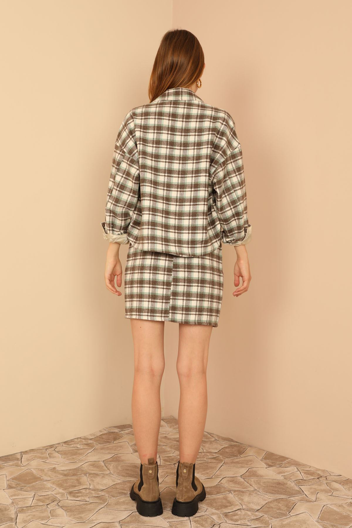 Lumberjack Fabric Long Sleeve Hip Height Oversize Striped Women'S Shirt - Mint