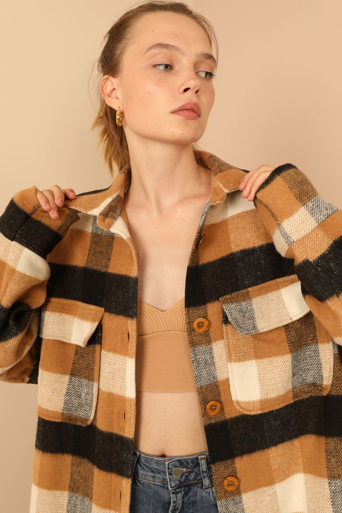 Lumberjack Fabric Shirt Collar Below Knee Oversize Plaid Women Jacket - Light Brown