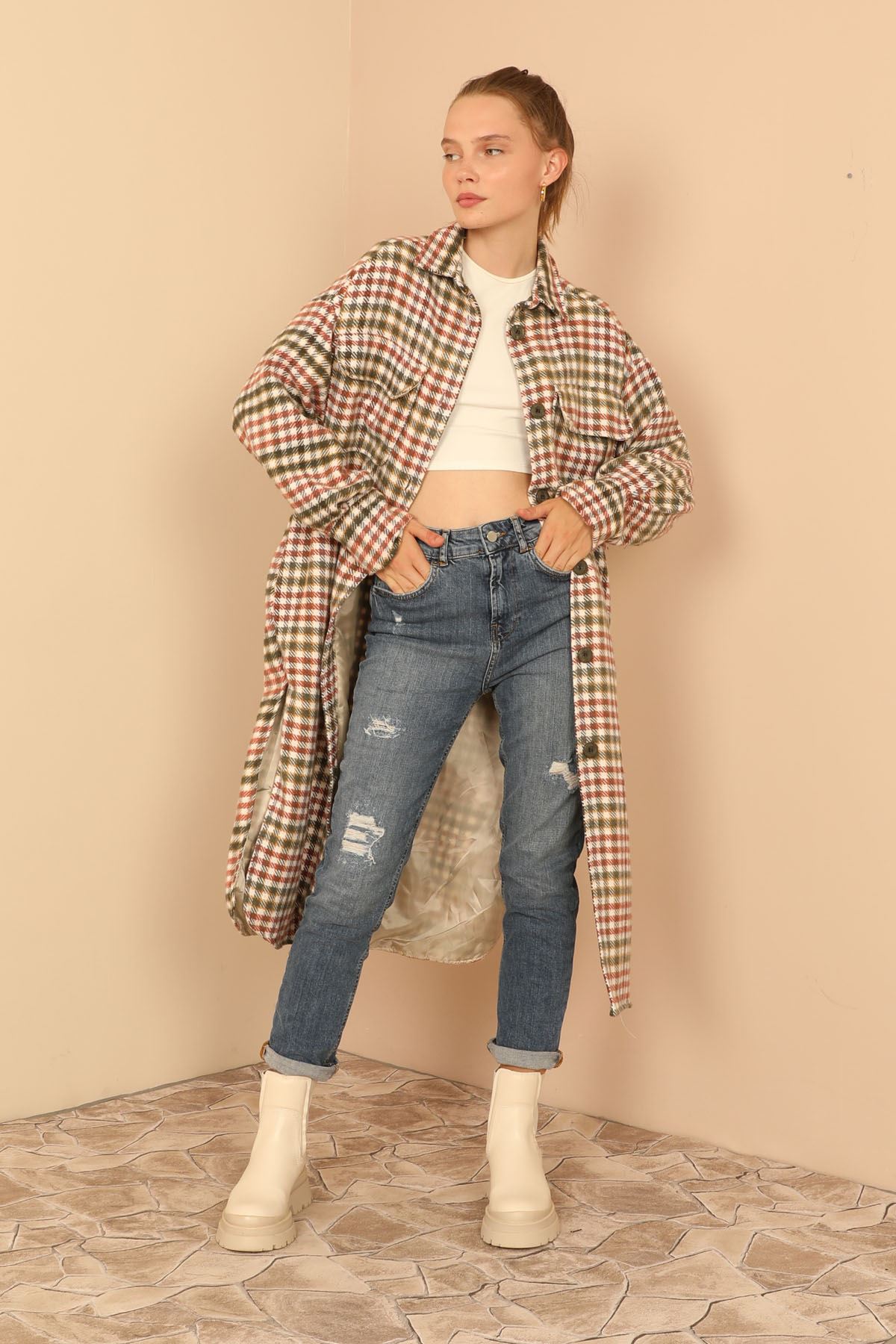 Lumberjack Fabric Shirt Collar Below Knee Oversize Plaid Women Jacket - Beige 