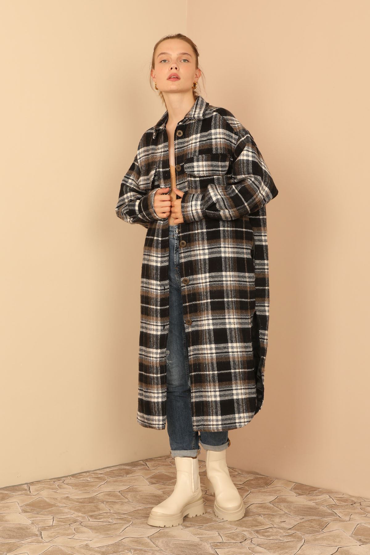Oduncu Kumaş Gömlek Yaka Diz Altı Boy Oversize/Salaş Ekose Kadın Ceket-Kahve