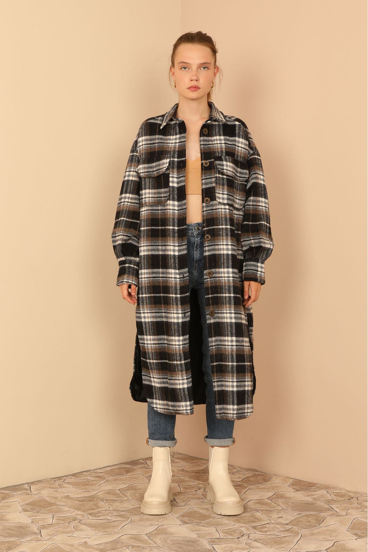 Oduncu Kumaş Gömlek Yaka Diz Altı Boy Oversize/Salaş Ekose Kadın Ceket-Kahve