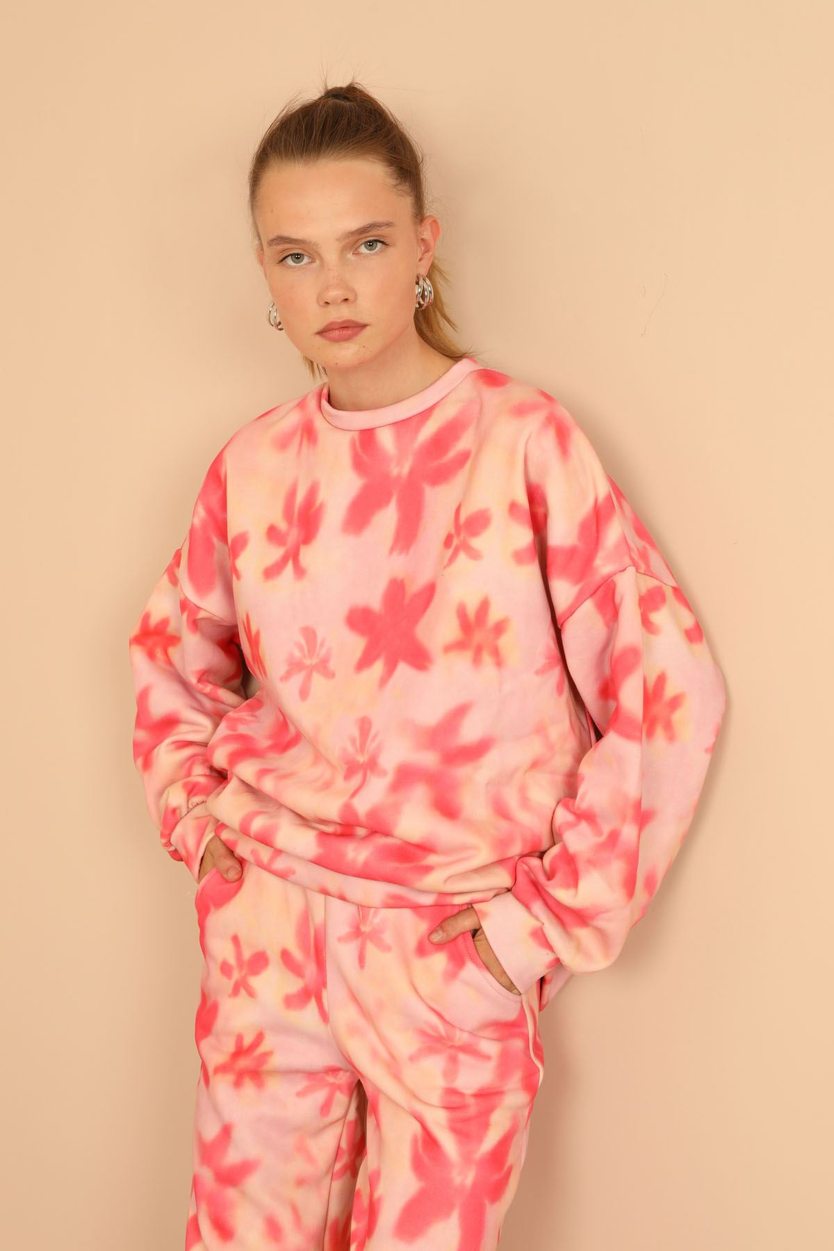 Third Knit Fabric Long Sleeve O-Neck Floral Print Women'S Set - Light Pink
