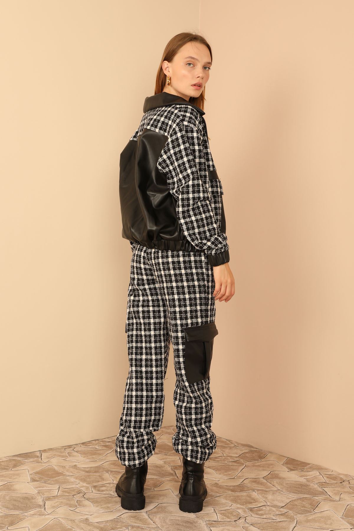 Channel Woven Fabrics Shirt Collar Hip Height Striped Women Jacket - Black