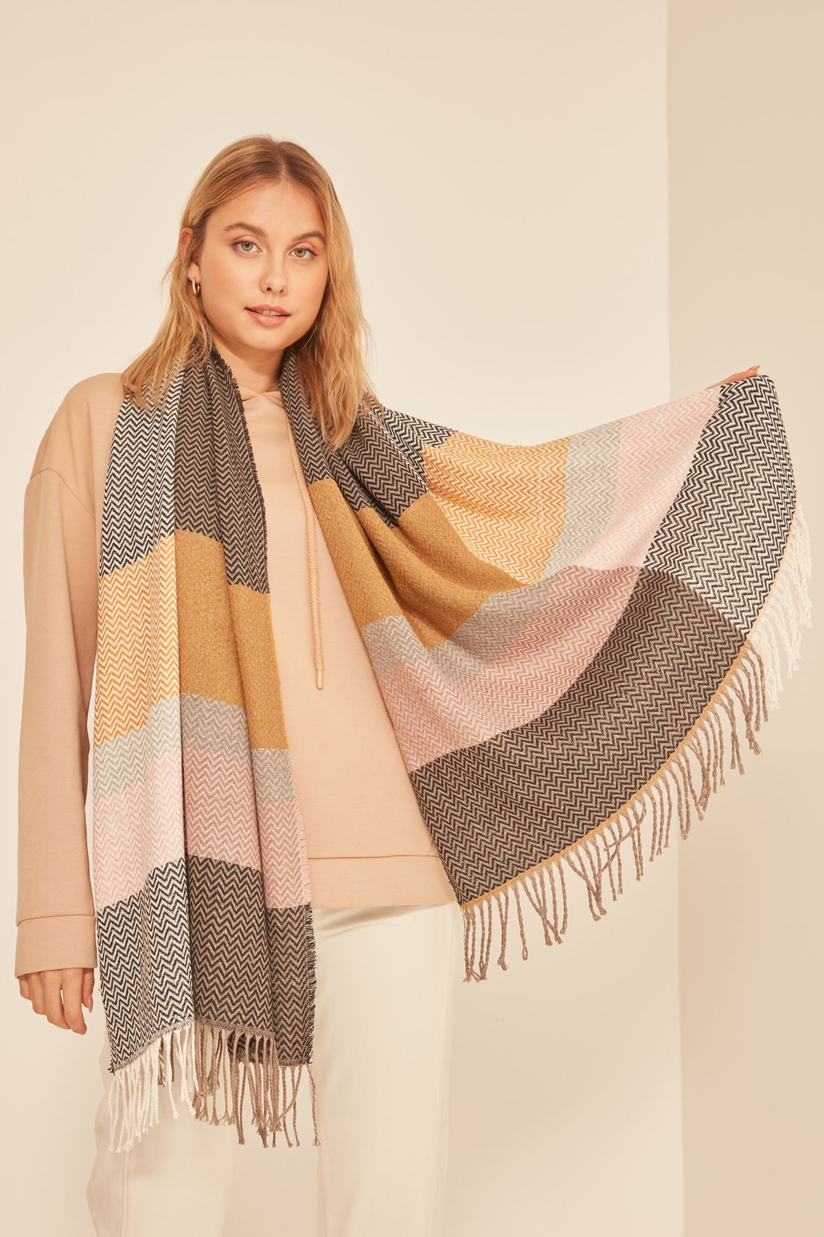 Soft Textured Herringbone Pattern Women's Shawl-Navy