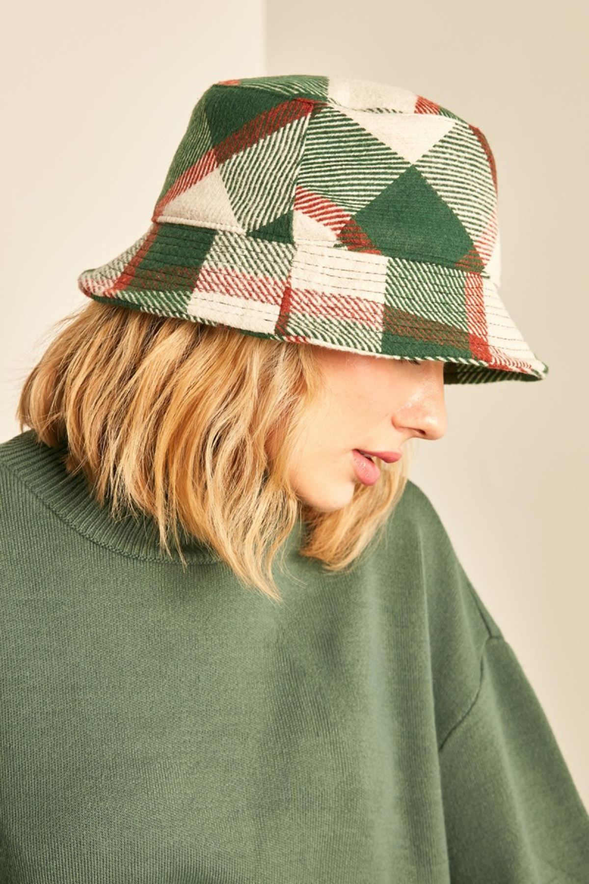 Plaid Pattern Cachet Women's Bucket Hat-Green