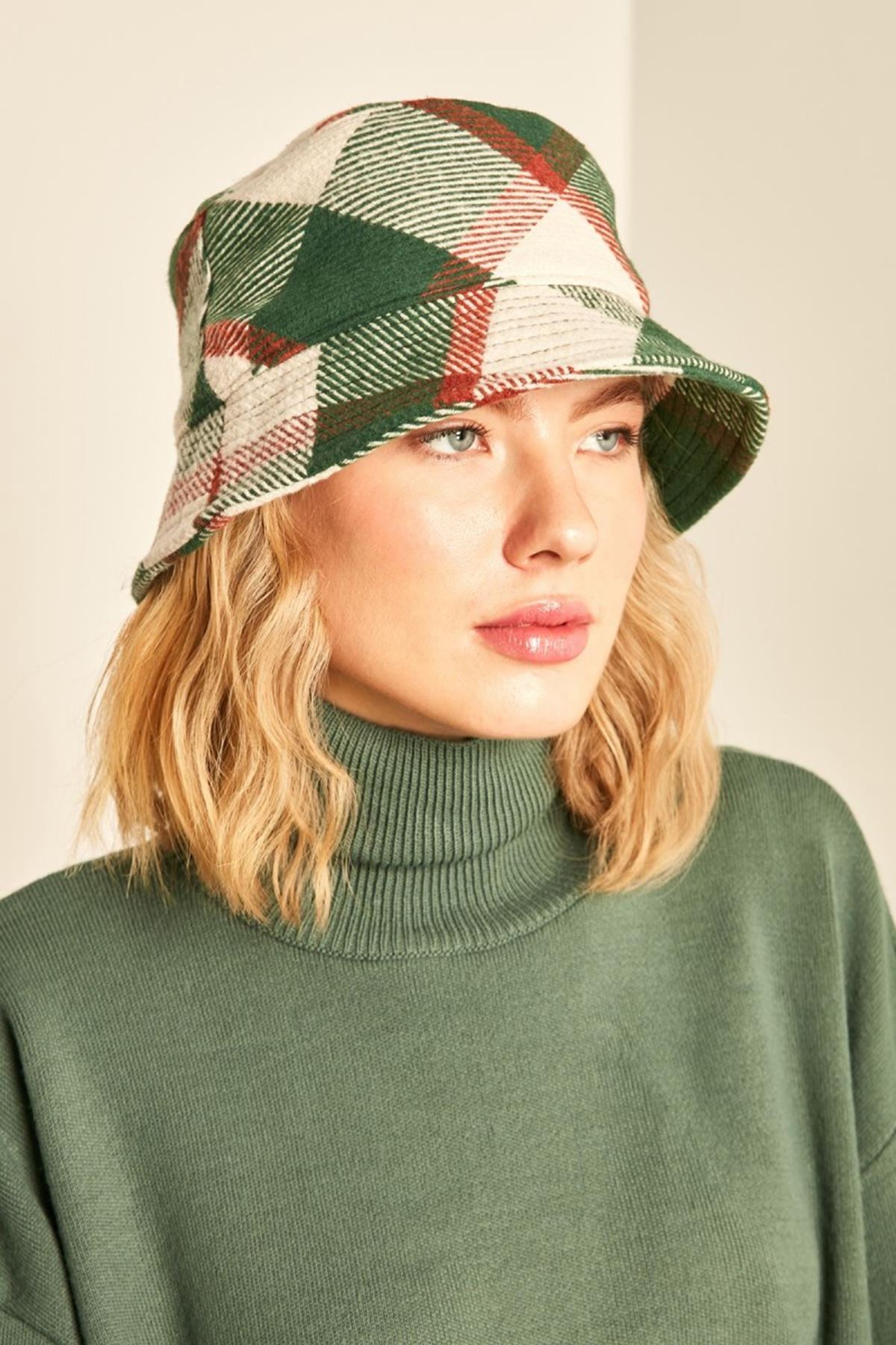 Plaid Pattern Cachet Women's Bucket Hat-Green