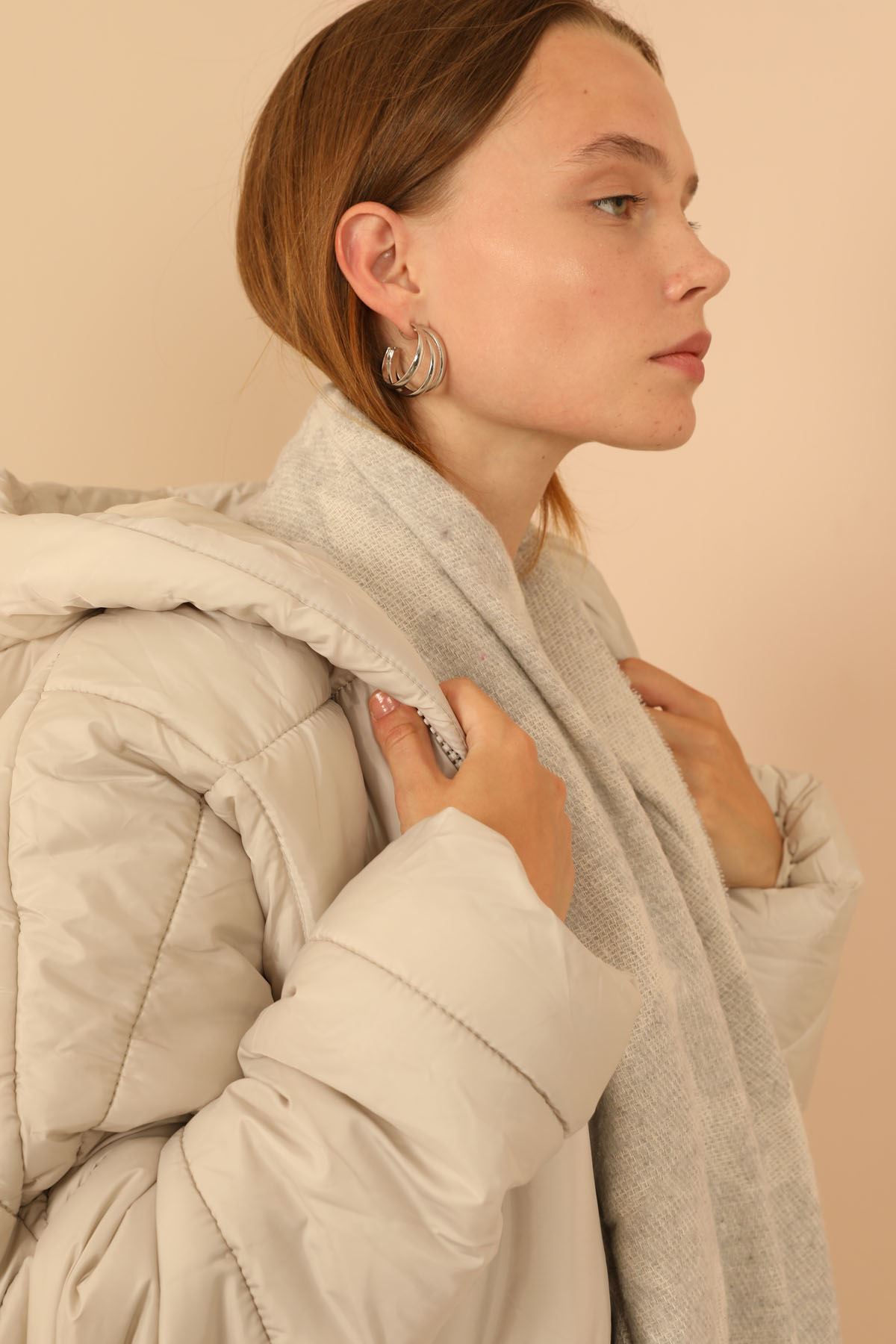 Стеганый ткань длинный рукава оверсайз /женская куртка - каменный