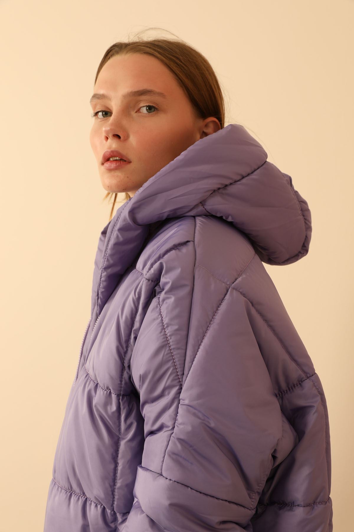 Long Sleeve Oversize Women Coat Lilac Kaktus Moda