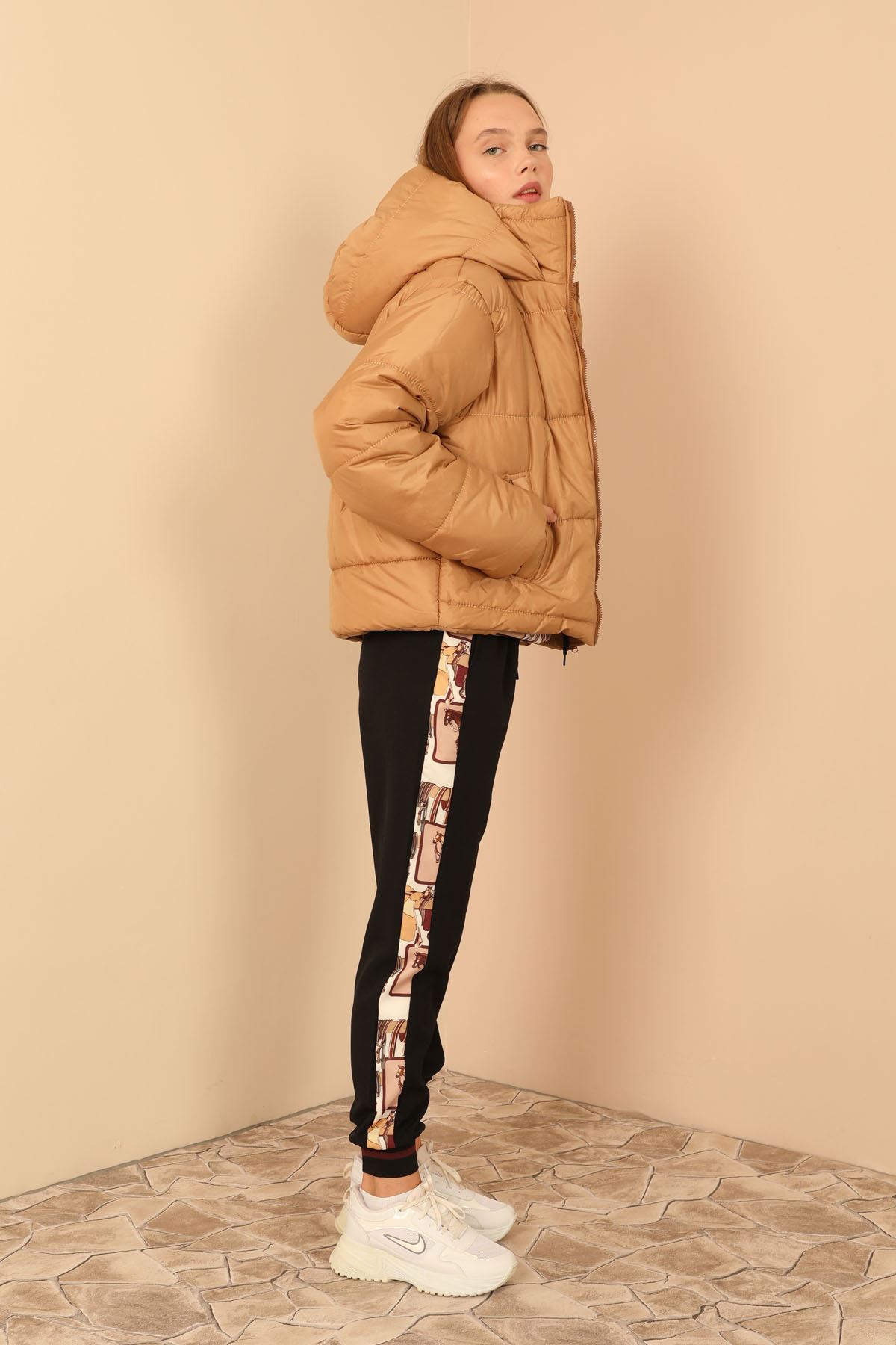 Jesica Fabric Long Sleeve Zip Neck Short Comfy Fit Women Coat - Light Brown