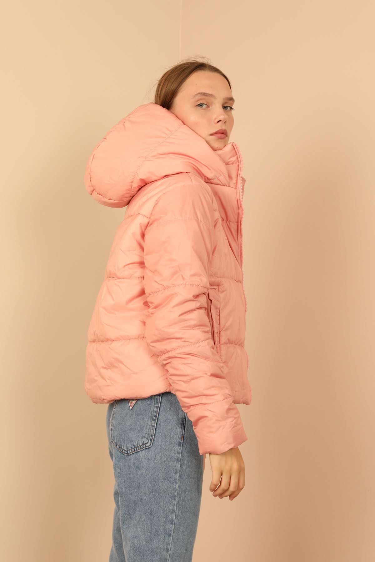 джессика ткань Застежка-молния до шее короткий женская куртка - Светло розовый