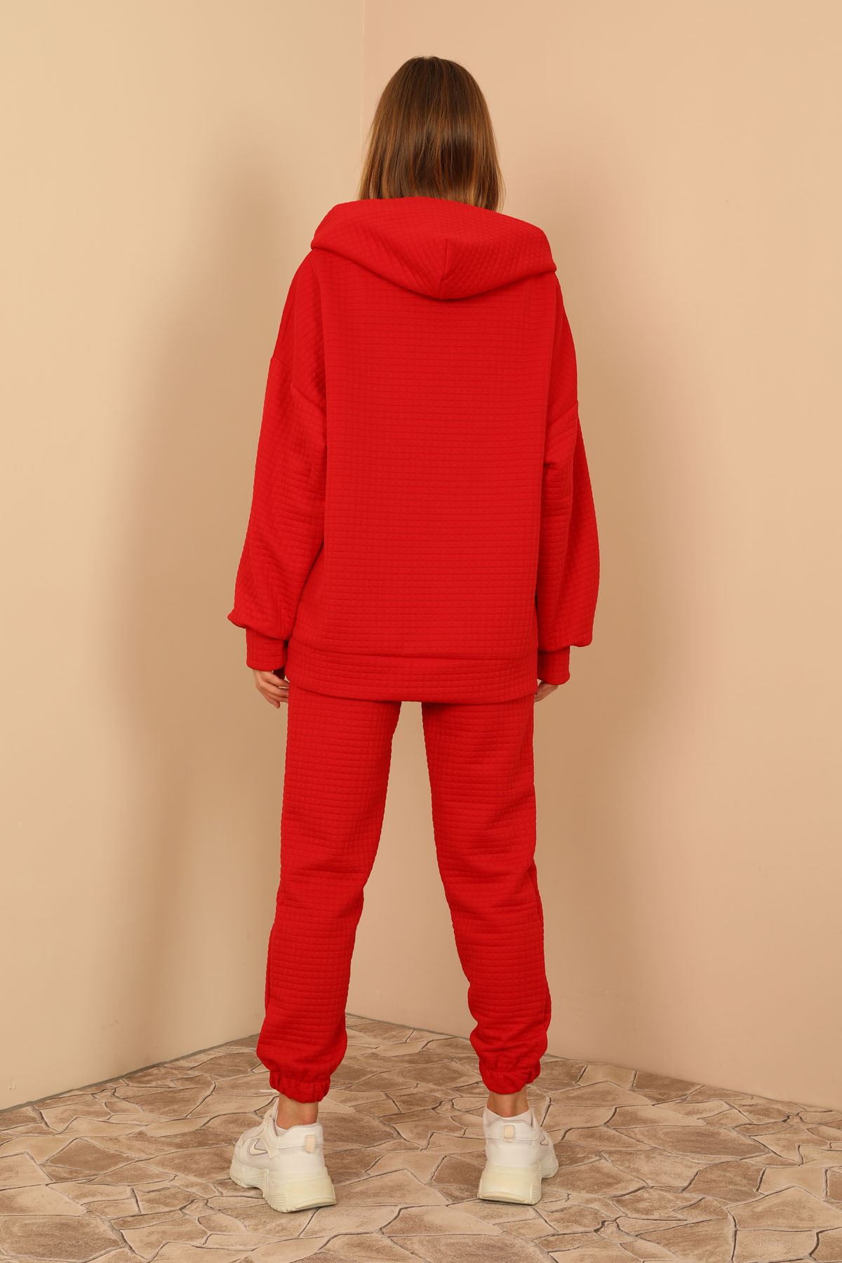 Petek Kumaş Uzun Kol Kapüşonlu Fermuar Detaylı Kadın Sweatshirt-Kırmızı
