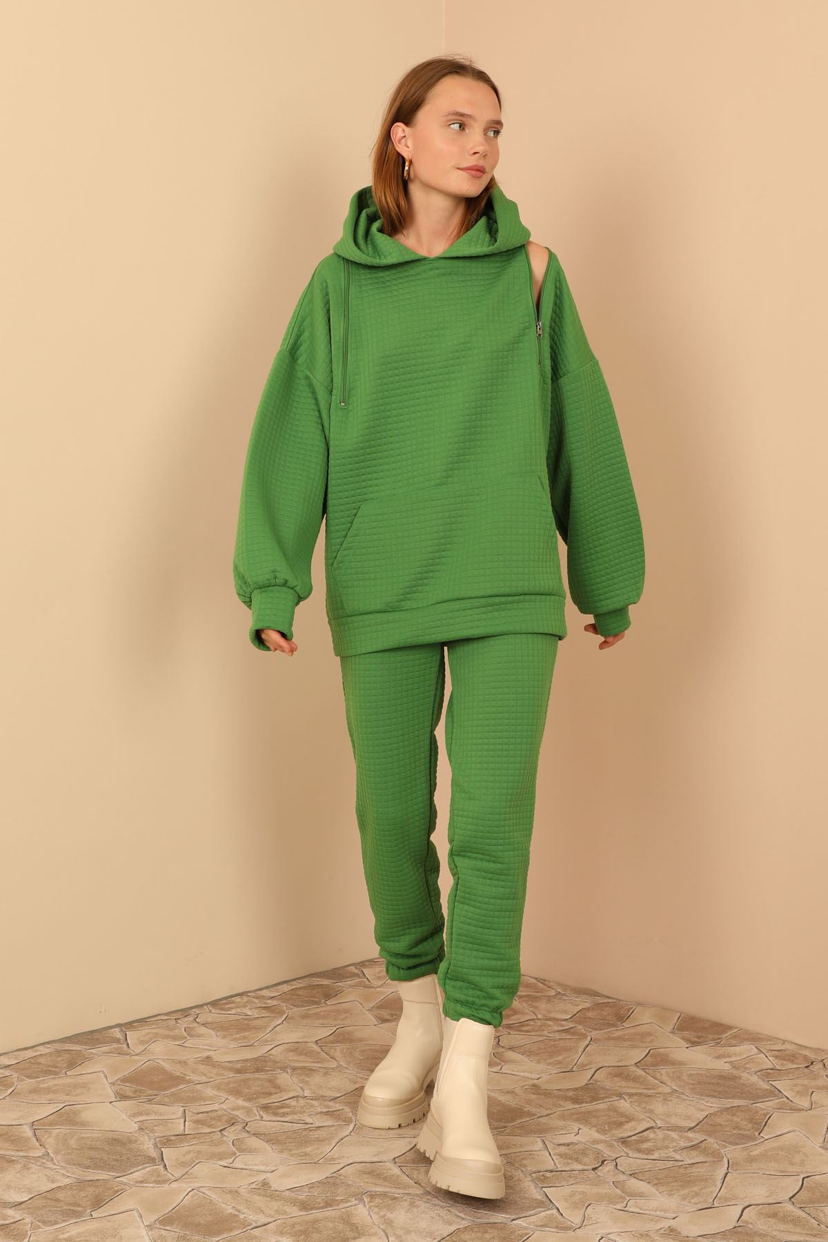 Jesica Fabric Long Sleeve Hooded Oversize Zip Women Sweatshirt - Green