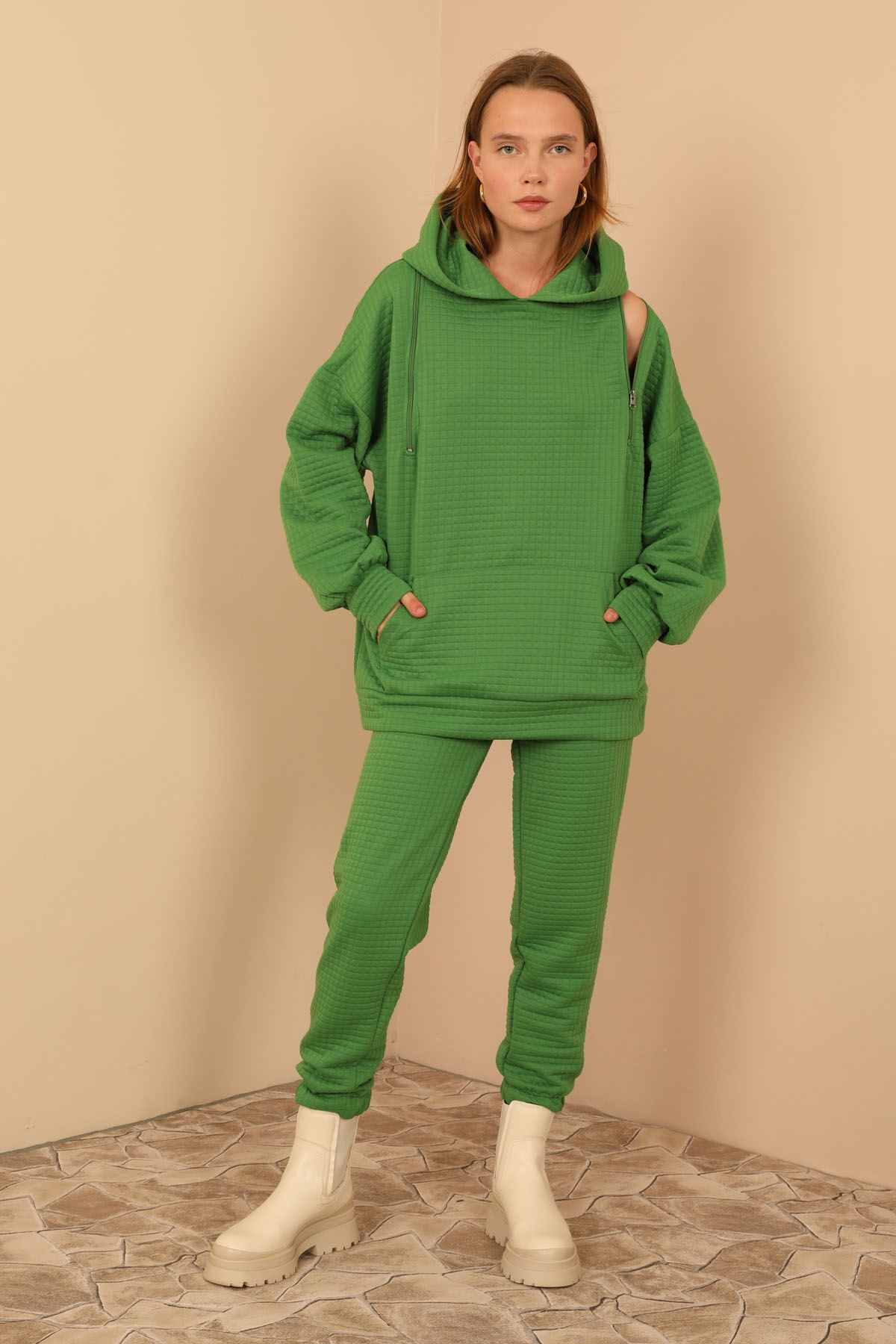 Jesica Fabric Long Sleeve Hooded Oversize Zip Women Sweatshirt - Green