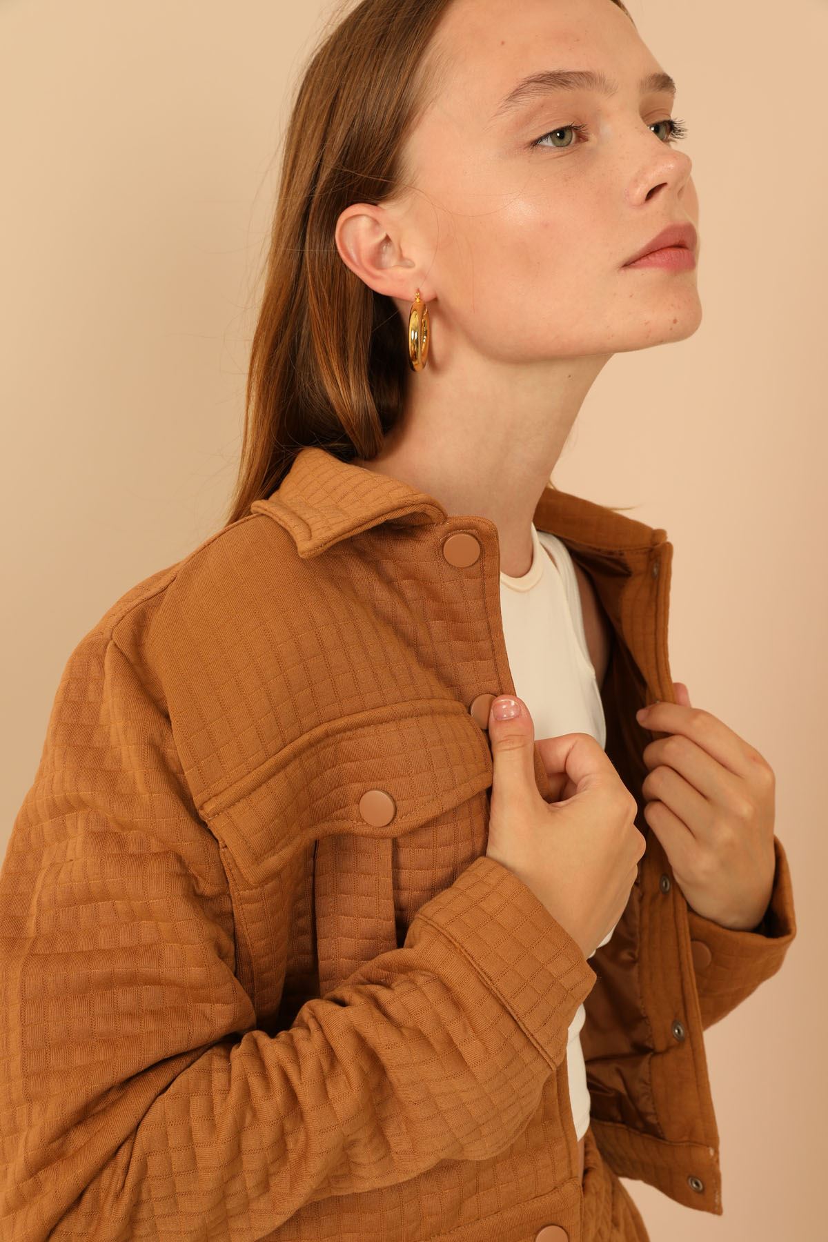 Quilted Fabric Long Sleeve Shirt Collar Short Full Fit Button Up Women Jacket - Light Brown