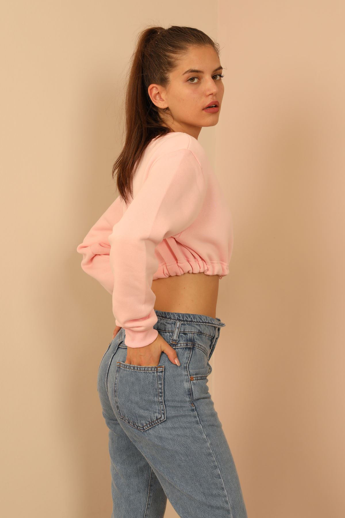 Knit Fabric Long Sleeve Bicycle Collar Shirred Front Women Crop - Light Pink