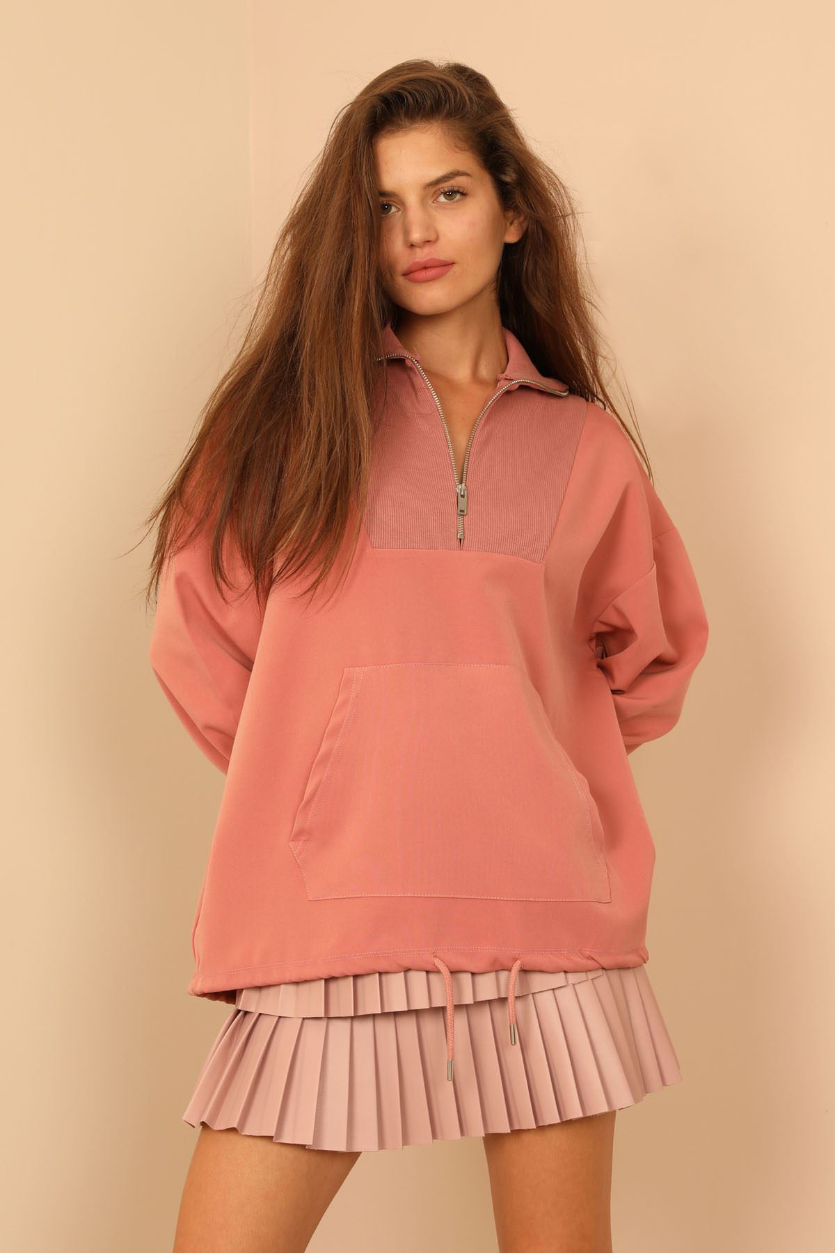Atlas Fabric Zip Neck Hip Height Kangaroo Pocket Women Sweatshirt - Light Pink