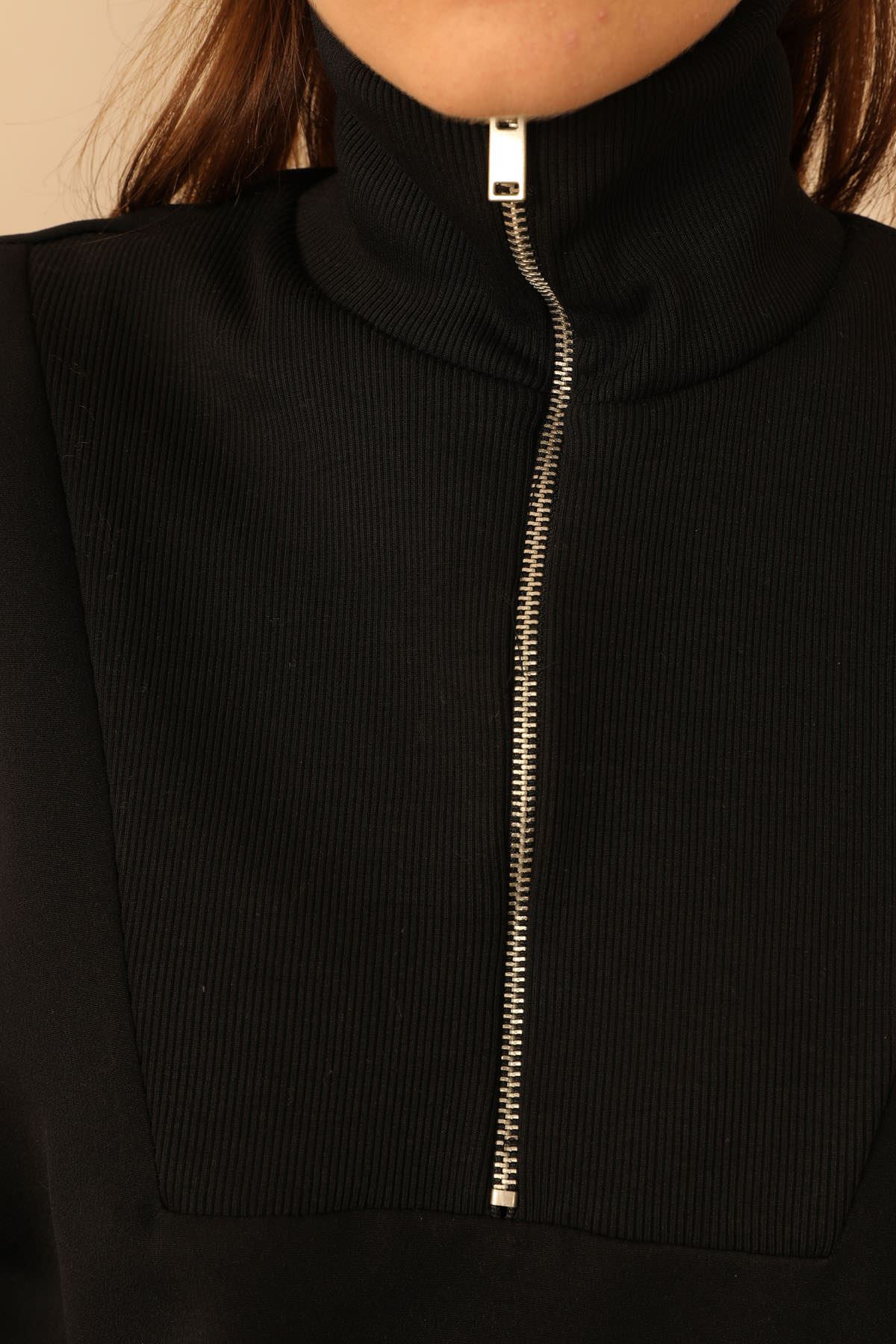 Atlas Fabric Zip Neck Hip Height Kangaroo Pocket Women Sweatshirt - Black