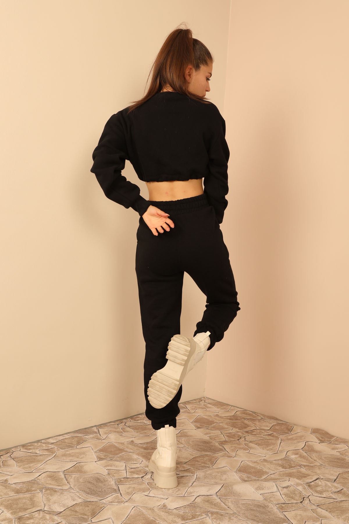 Third Knit Fabric Long Comfy Fit Elastic Hems Women'S Trouser - Black