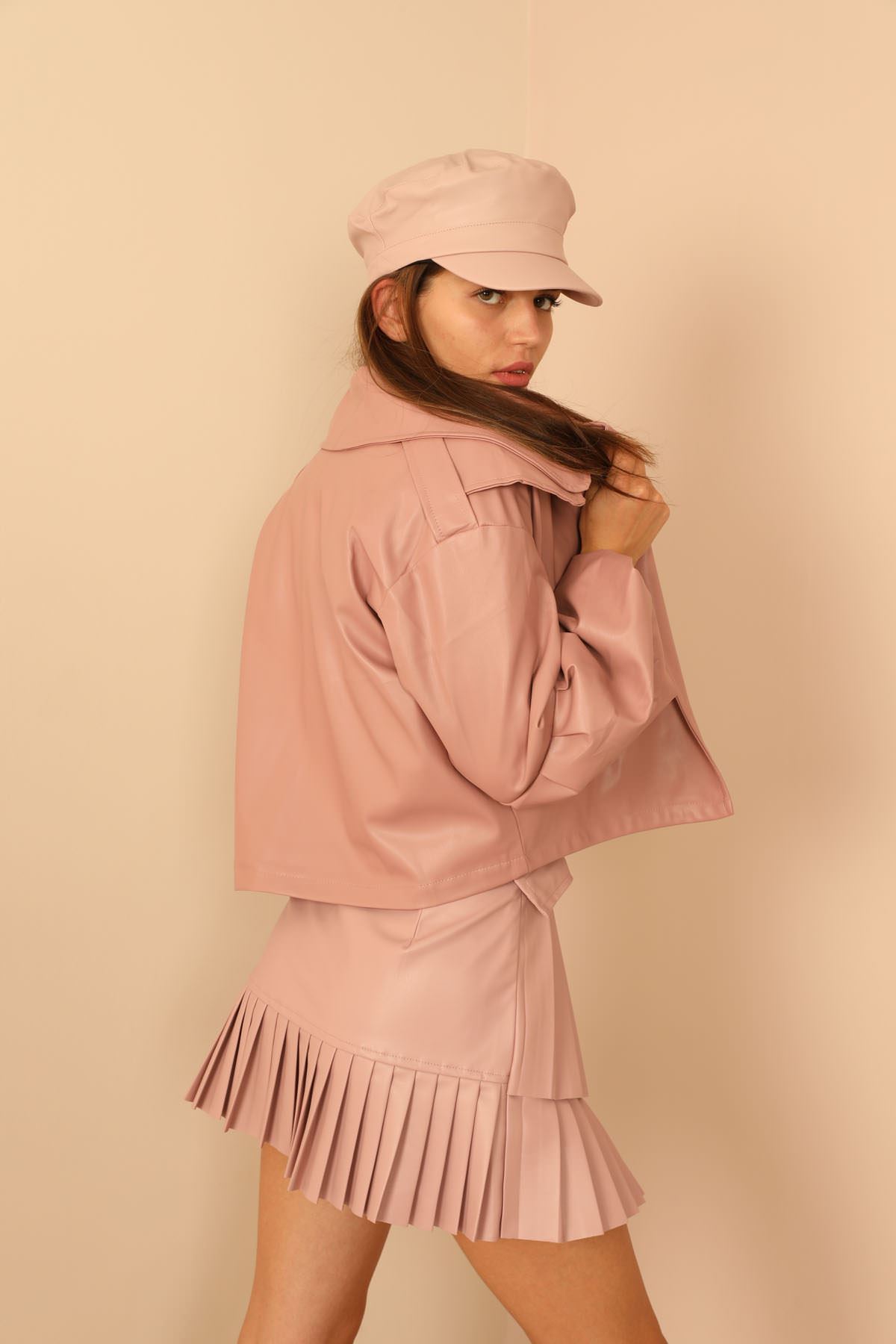 эко кожа ткань ревер воротник женский пиджак - Светло розовый