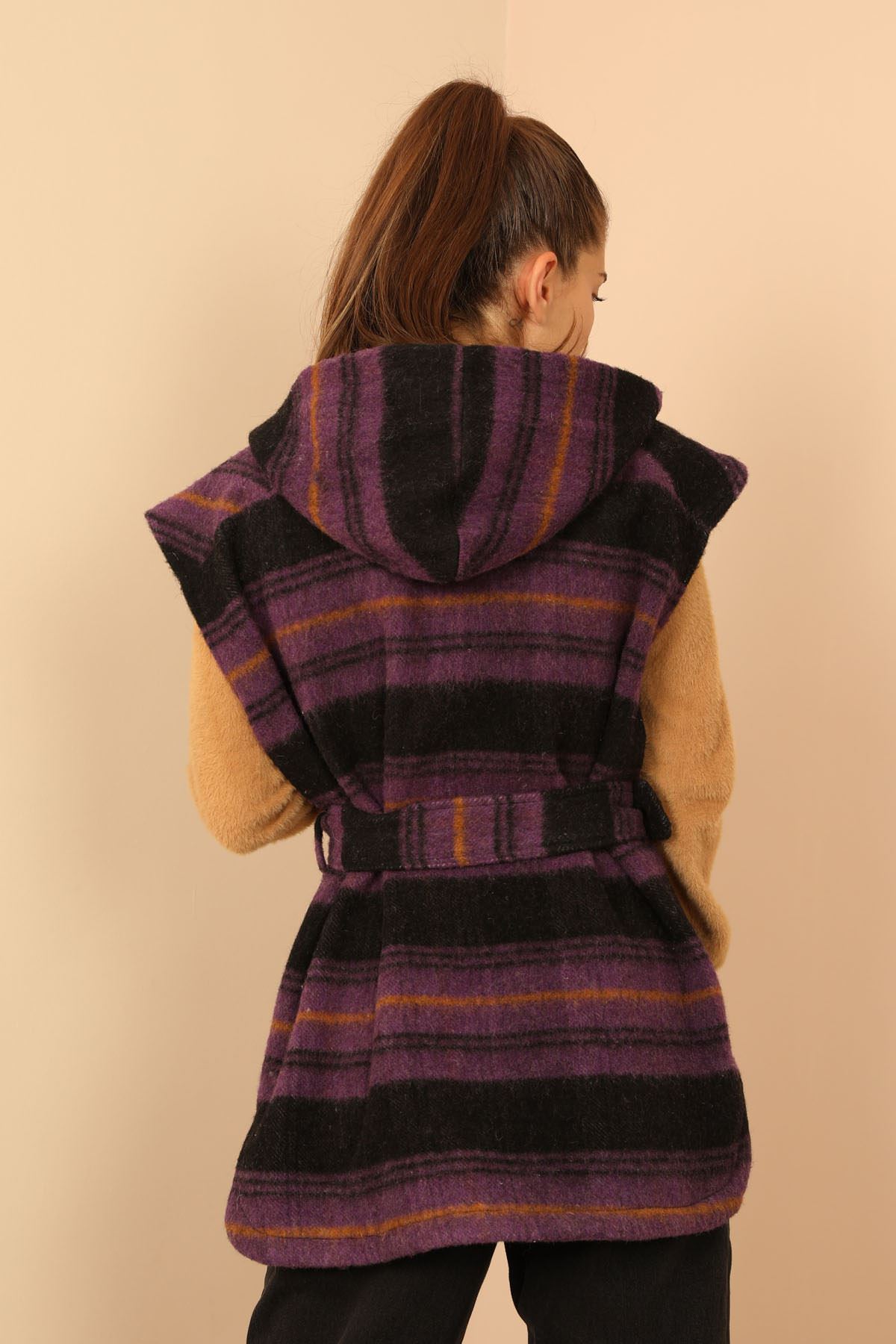 Neoprene Fabric Sleeveless Hooded Long Wide Woodcutter Print Women Vest - Purple
