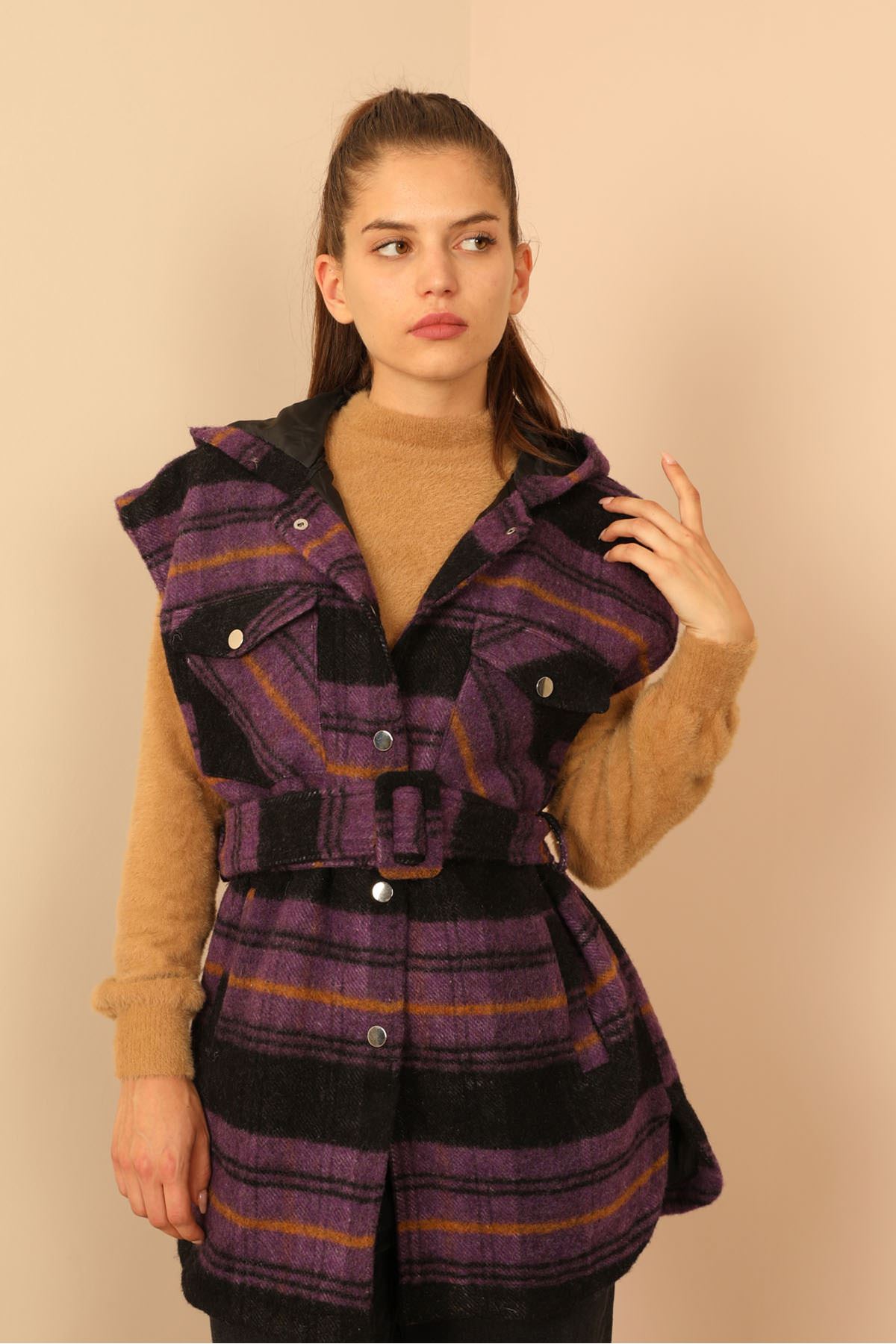 Neoprene Fabric Sleeveless Hooded Long Wide Woodcutter Print Women Vest - Purple