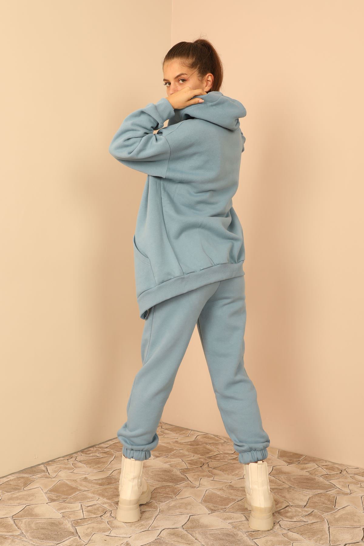 Şardonlu 3 İplik Kumaş Basen Altı Boy Fermuarlı Kadın Sweatshirt-Mavi