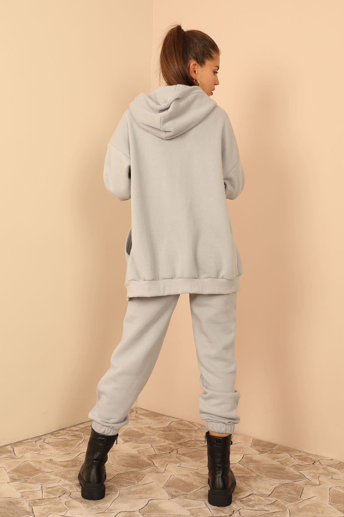 Third Knit With Wool İnside Fabric Hooded Below Hip Oversize Women Sweatshirt With Zip - Grey
