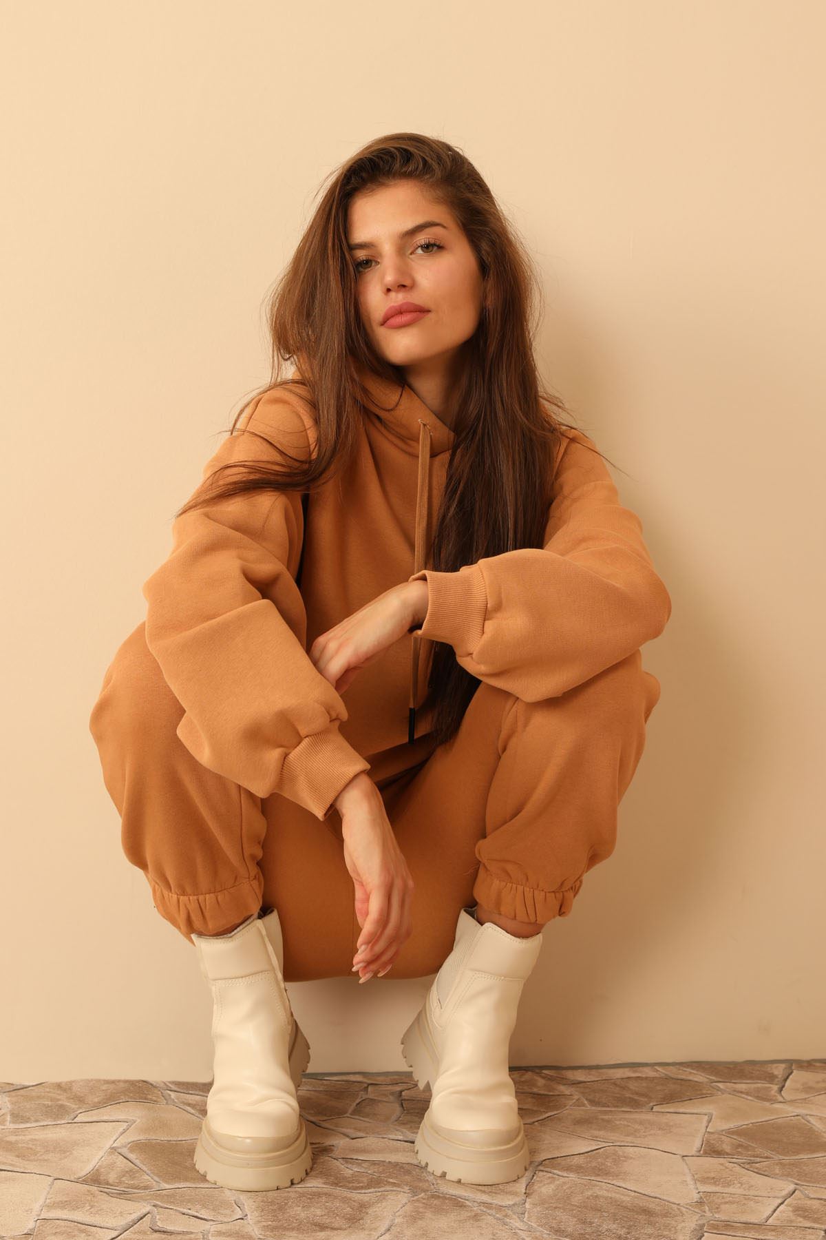 Third Knit With Wool İnside Fabric Hooded Hip Height Oversize Women Sweatshirt - Light Brown