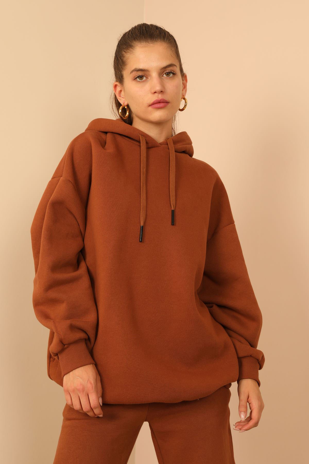 Third Knit With Wool İnside Fabric Hooded Hip Height Oversize Women Sweatshirt - Brown