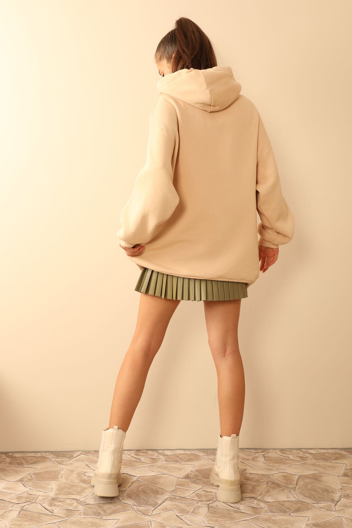 Third Knit With Wool İnside Fabric Hooded Hip Height Oversize Women Sweatshirt - Beige 
